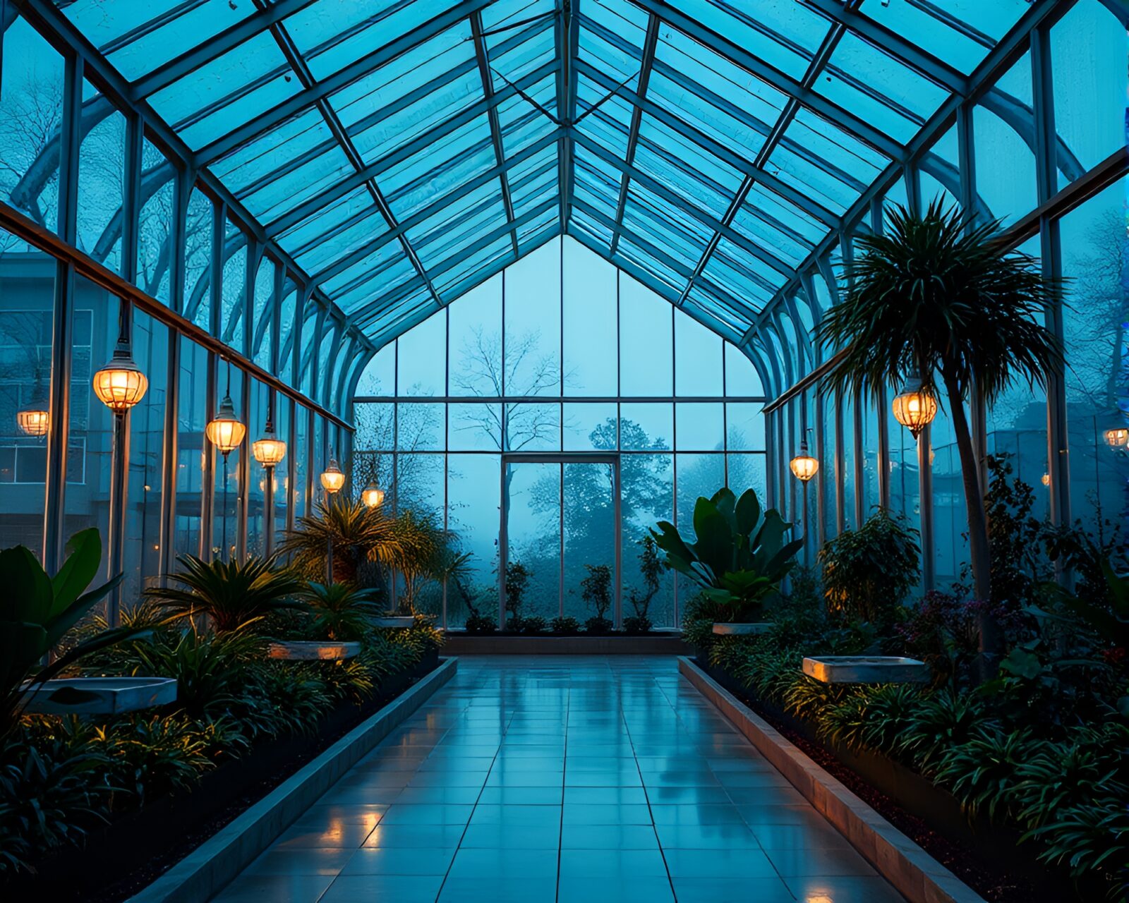 Minimalist pixel art scene of a dramatic lit greenhouse