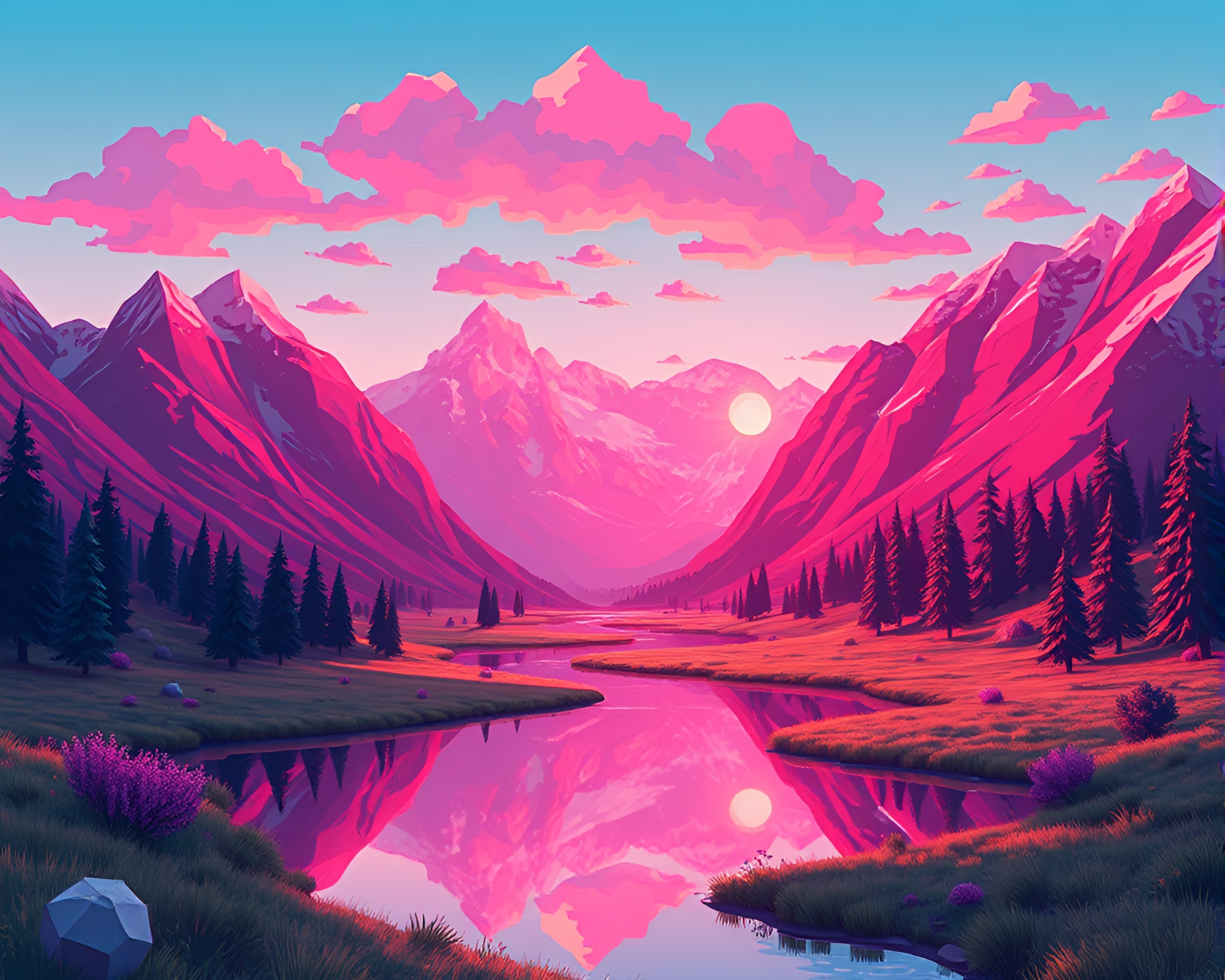 Magenta Valley Voxel Reflections – free AI stock image