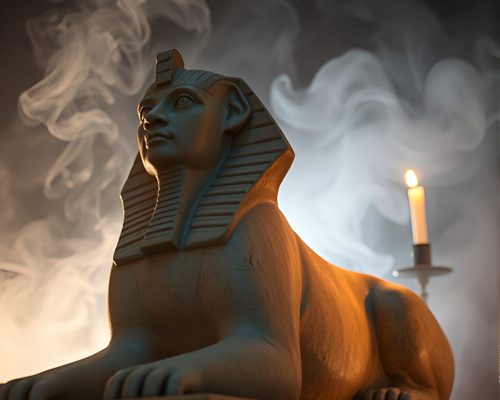 Enigmatic Sphinx engulfed in ethereal candle smoke under bright light