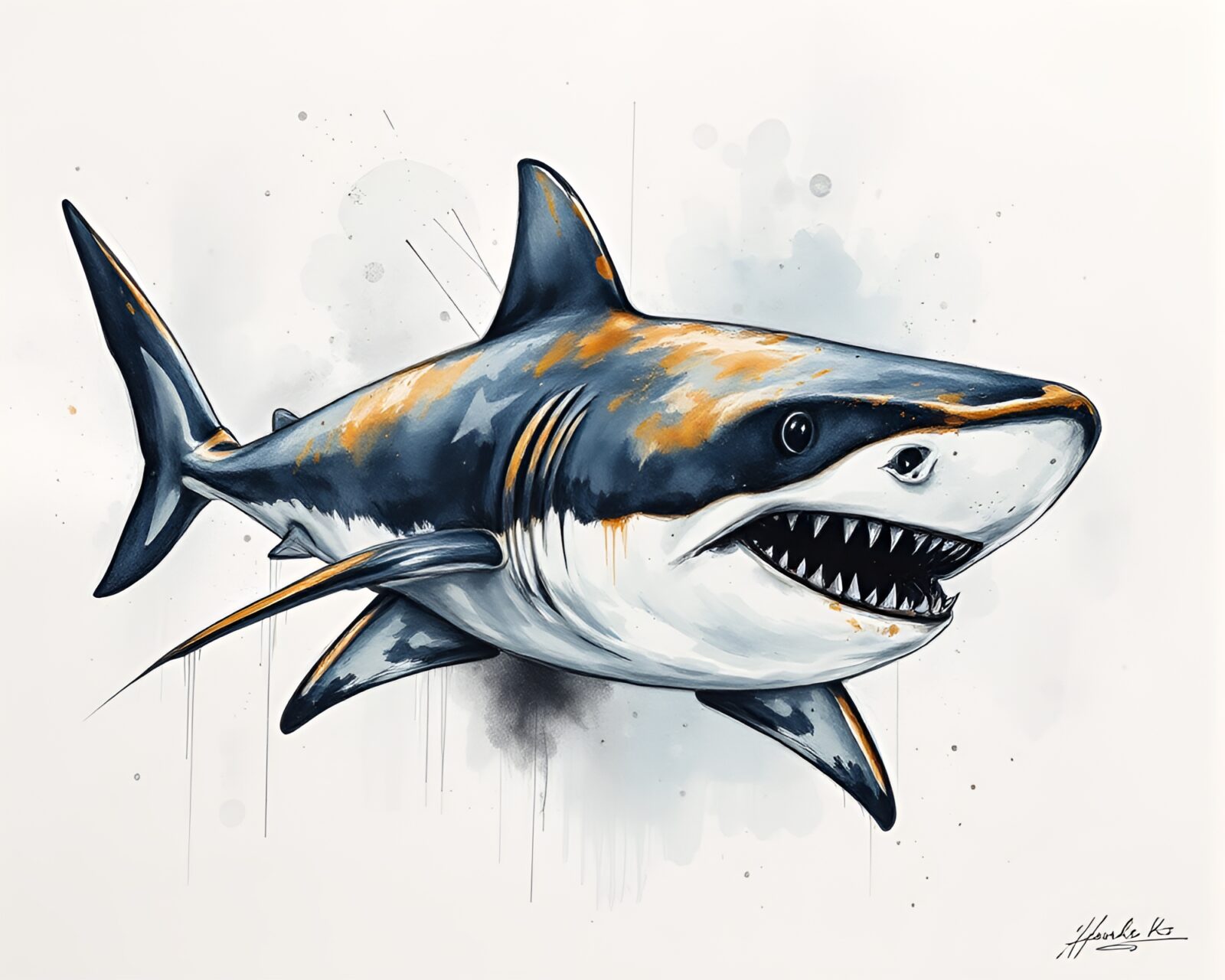 Wildlife watercolor painting of a shark in high-contrast lighting