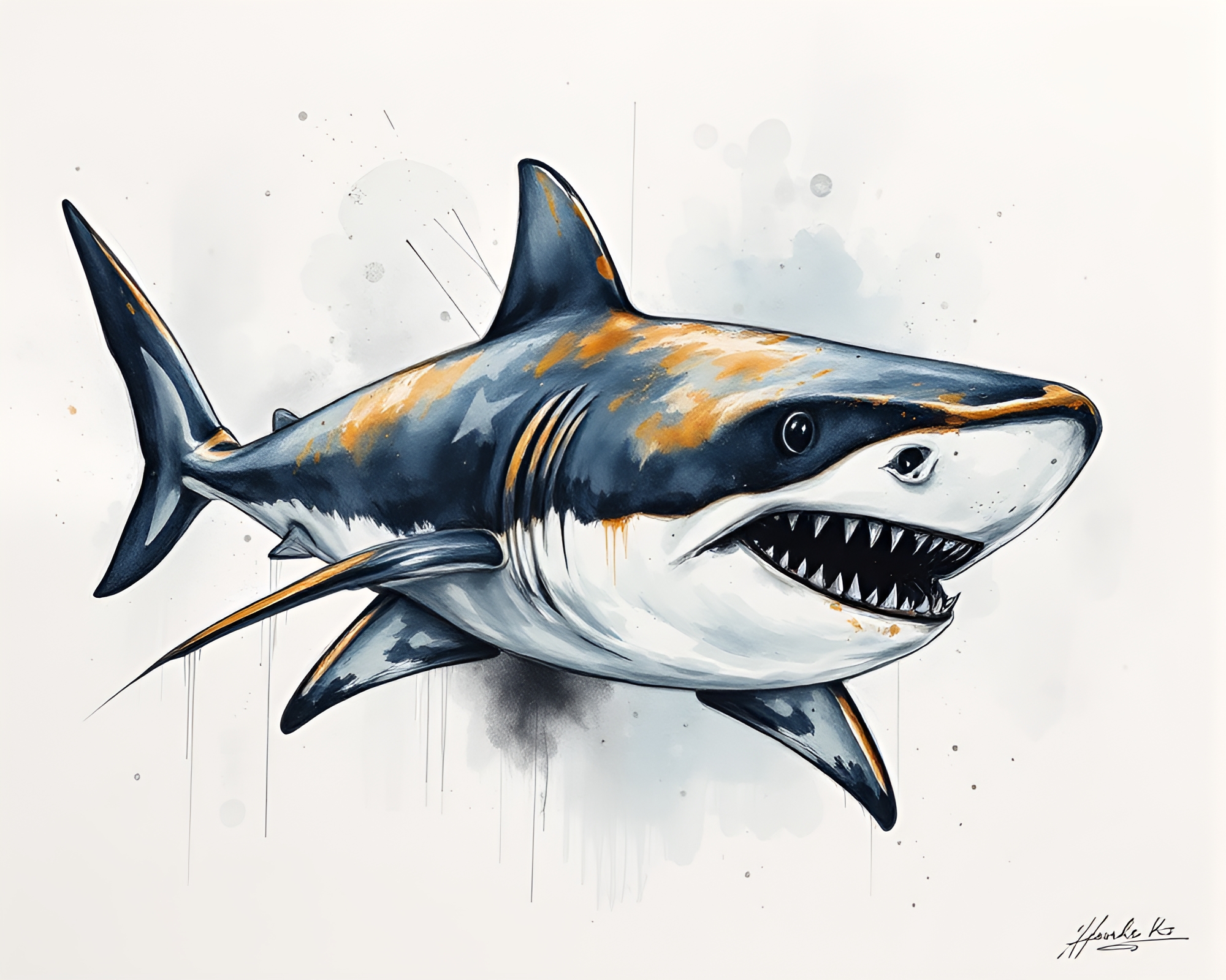 Underwater Noir: Shark in Metallic Watercolor – free AI stock image