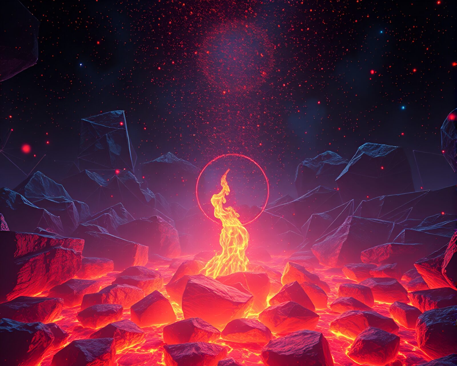 Intricate lithograph of a virtual reality hub glowing with floating embers
