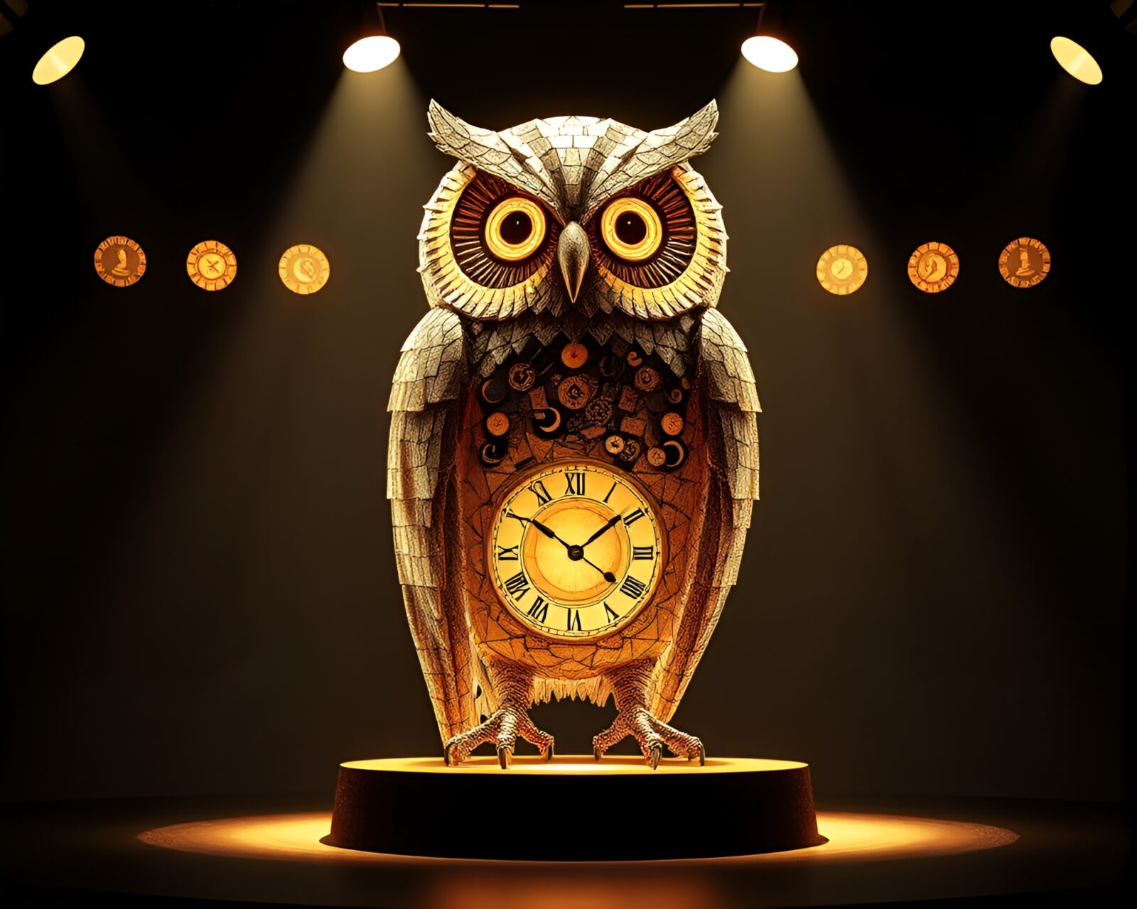 Detailed wireframe owl in spotlight amongst fragmented mosaic pieces