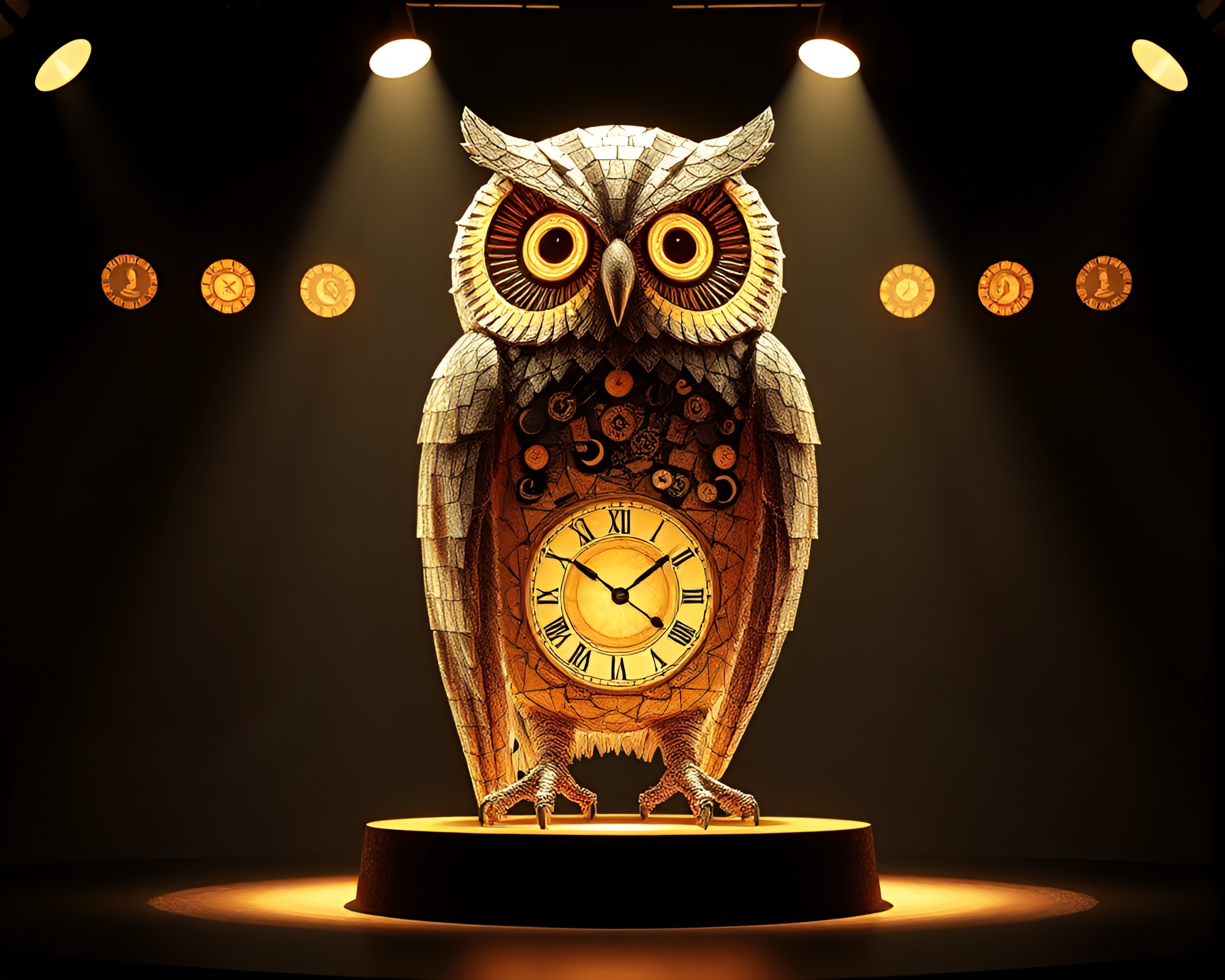 Clockwork Owl in Fragmented Wireframe Mosaic Spotlight – free AI stock image