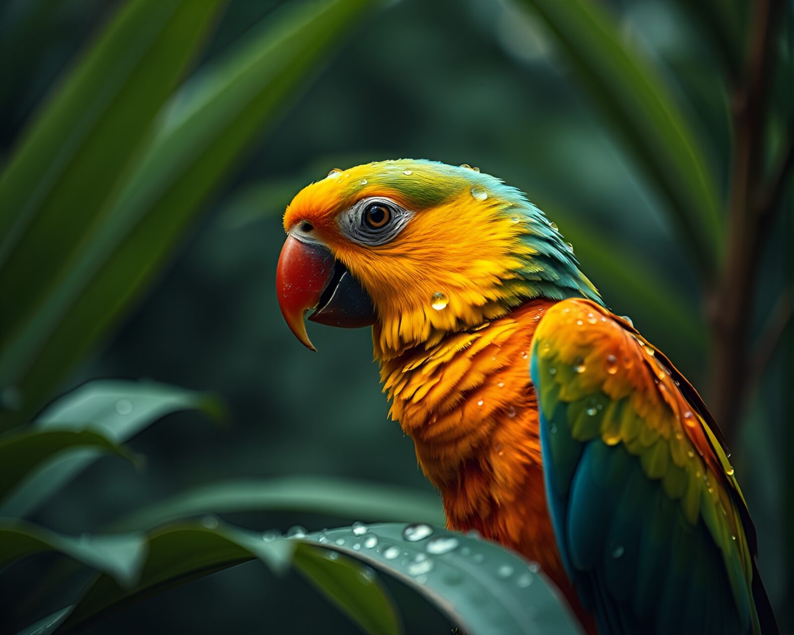 Vibrant parrot in noir lighting with sparkling dew drops
