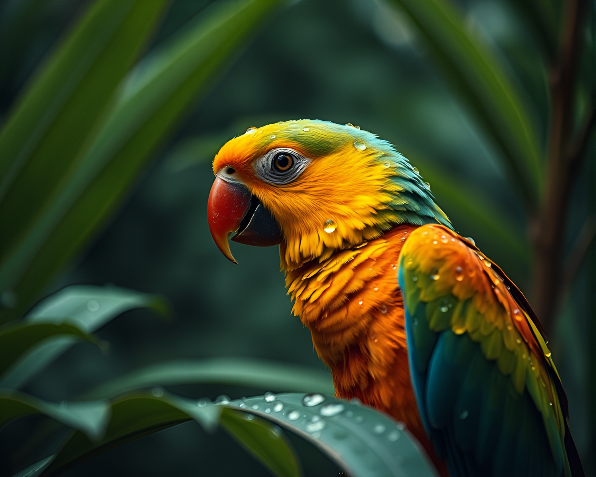 Tropical Parrot in High-Contrast Dew Drops Cinemagraph – free AI stock image