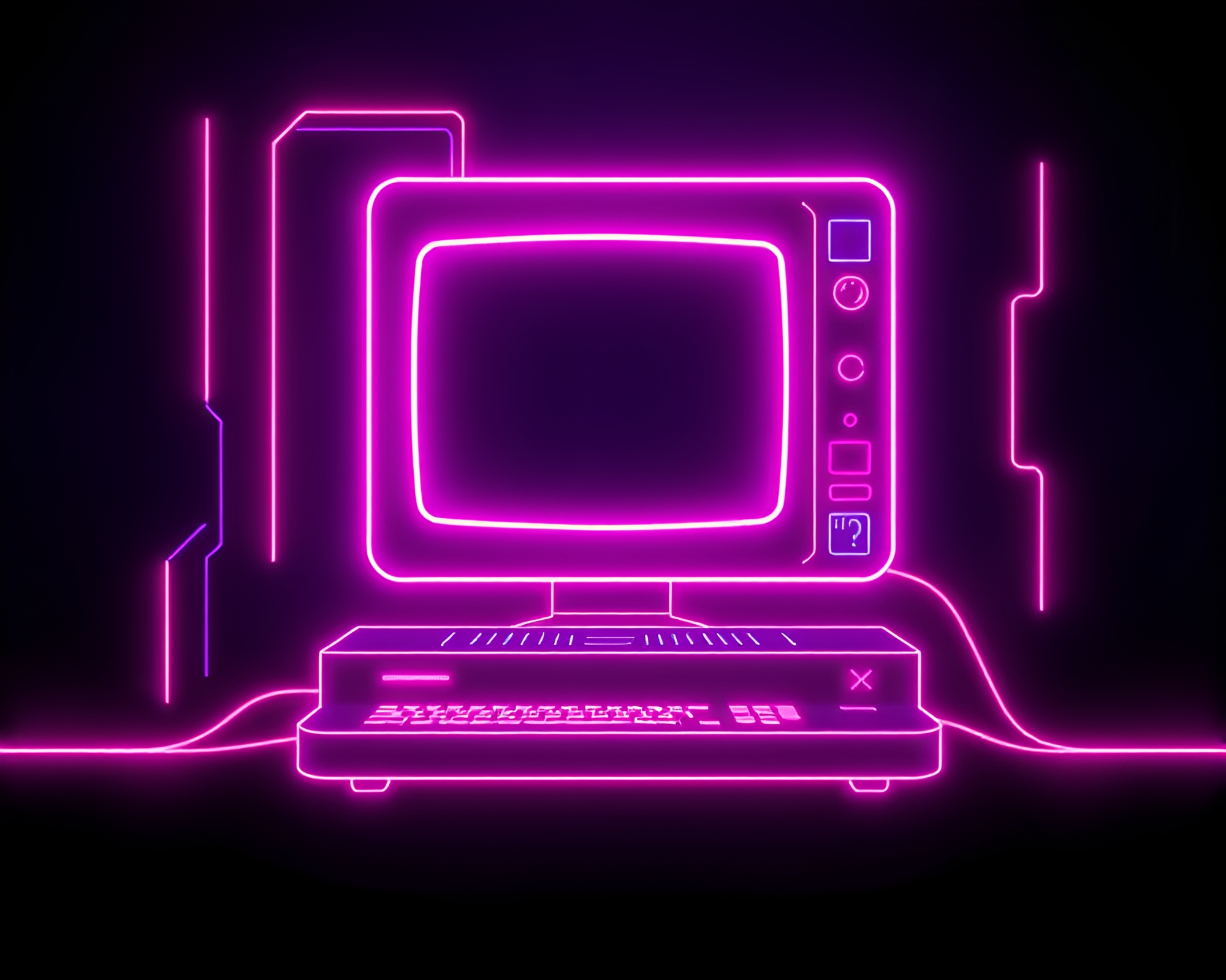 Neon Wireframe Quantum Computer in Torchlight Glow – free AI stock image