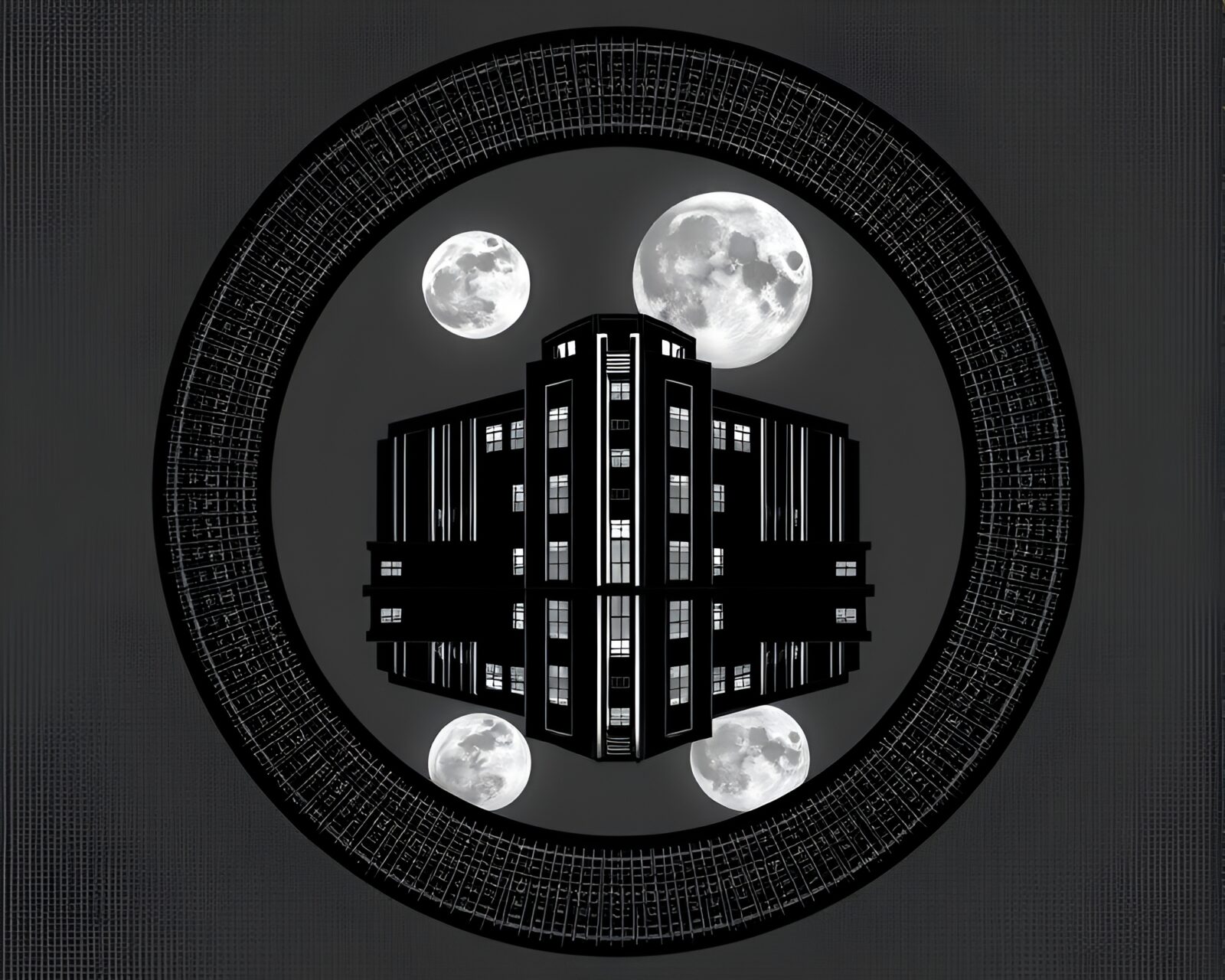 Symmetrical art deco hotel bathed in lunar grayscale hues