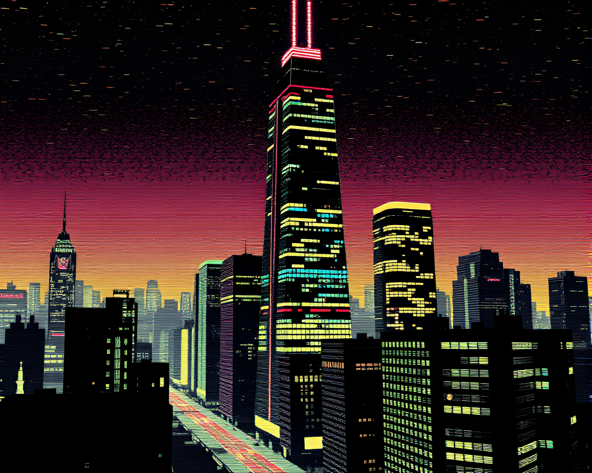 Vector Halftone Skyscraper with CRT Flicker – free AI stock image