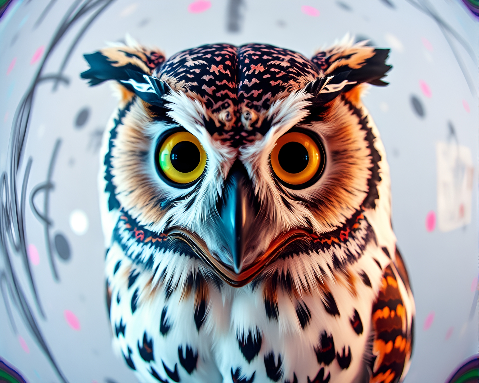 Holographic Owl in Pastel Graffiti Cityscape – free AI stock image