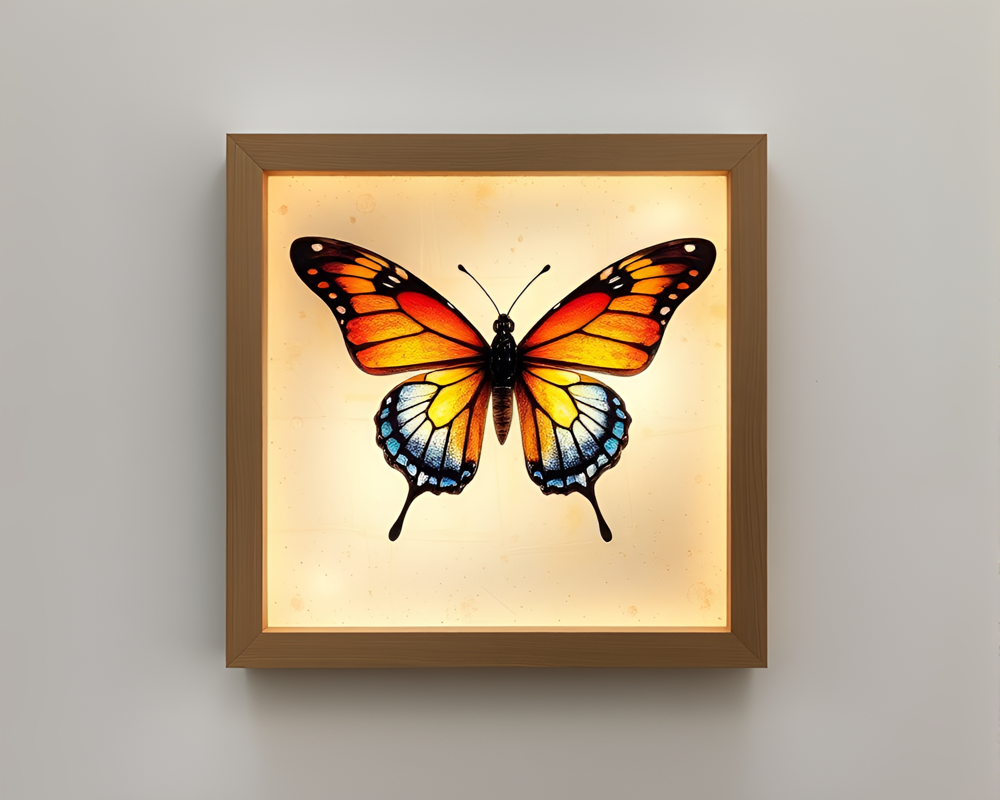 Encaustic Silk Butterfly Within Pixelated Light Frame – free AI stock image