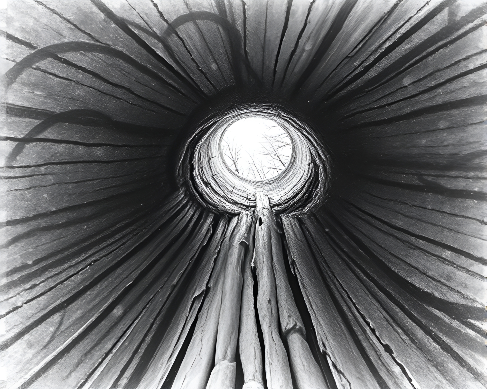 Charcoal sketch of towering forest from worm’s eye view – free AI stock image
