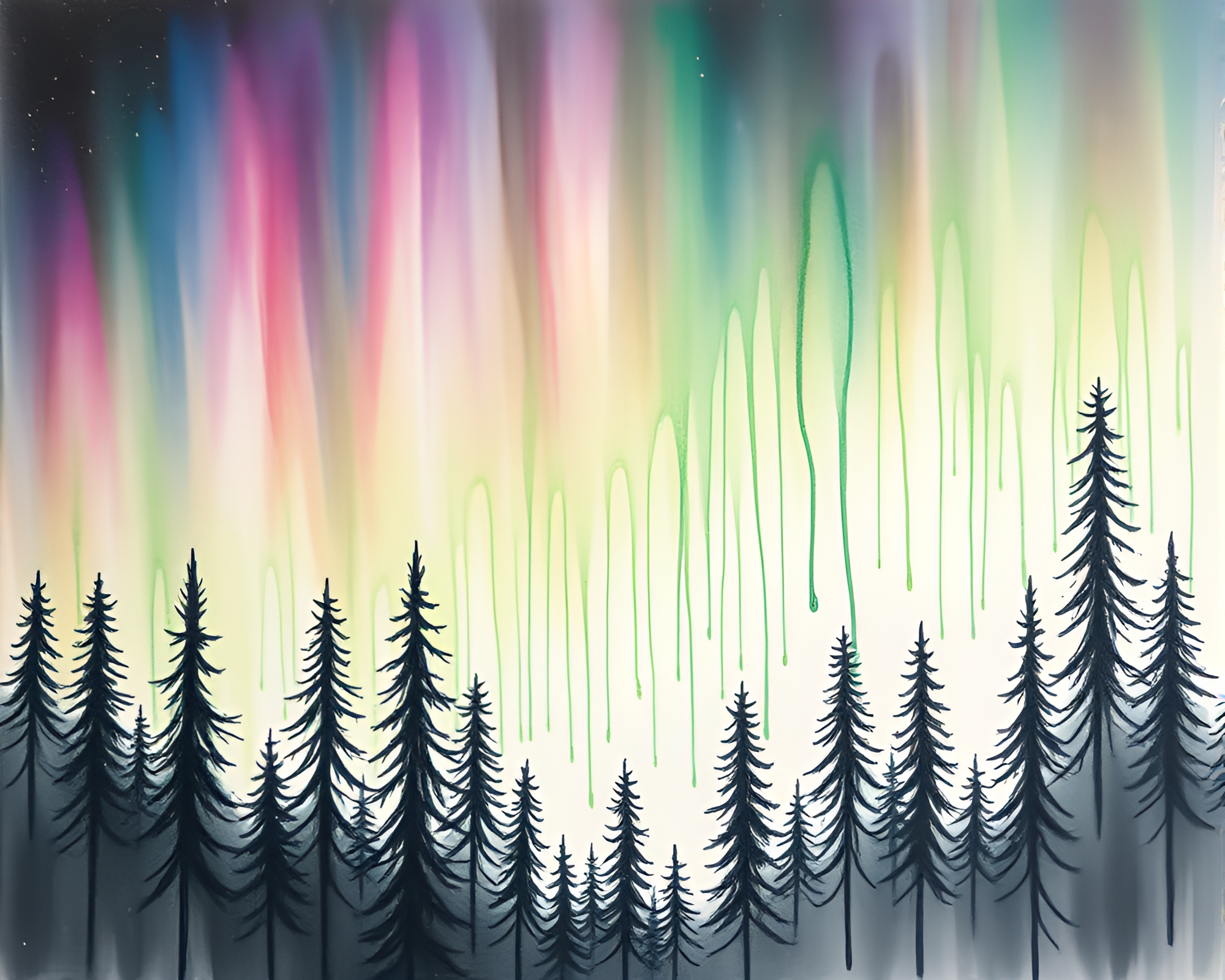 Enchanted Forest Green Aurora Borealis Pencil Sketch – free AI stock image