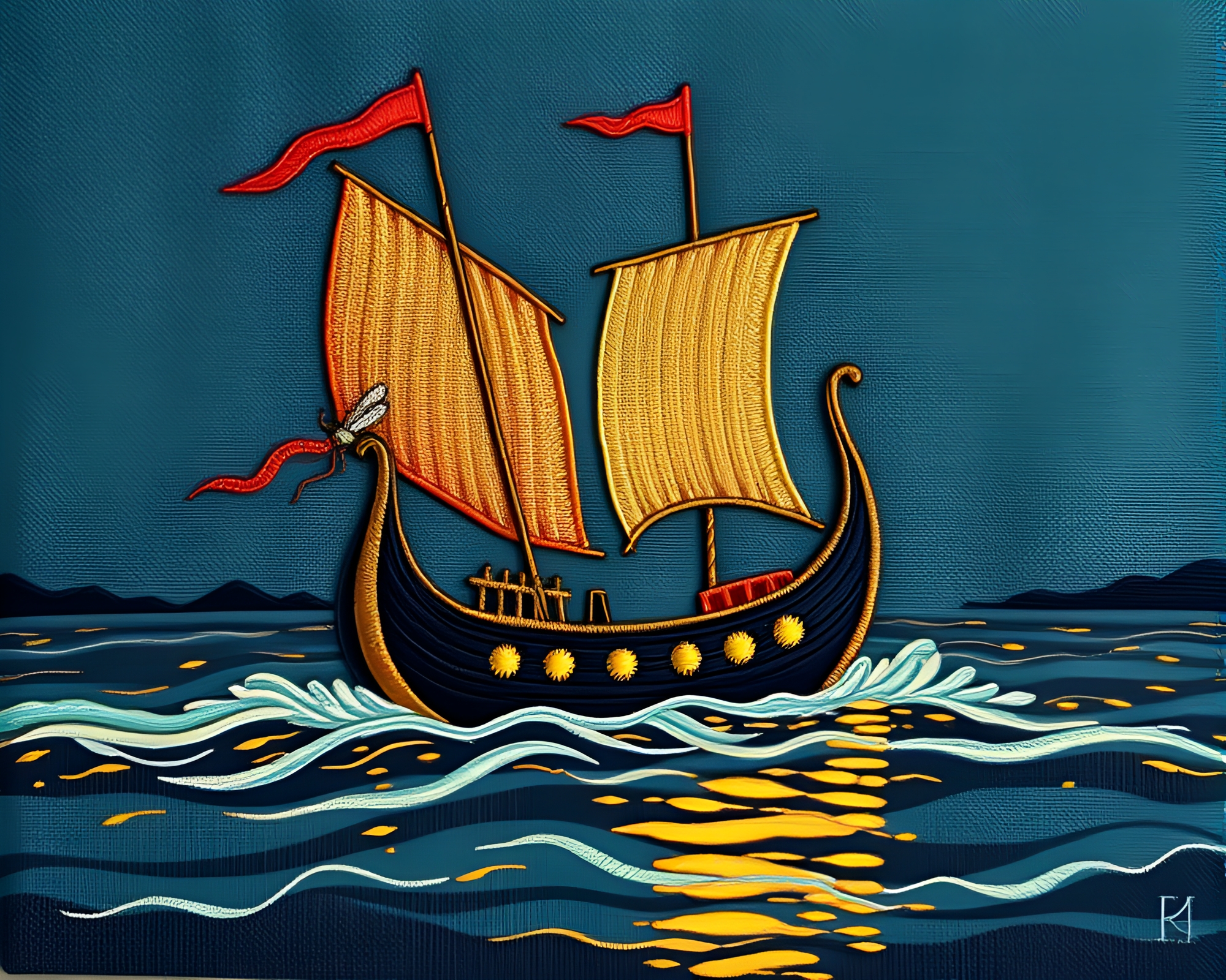 Cubist Viking Longship Embroidered in Firefly Luminescence – free AI stock image