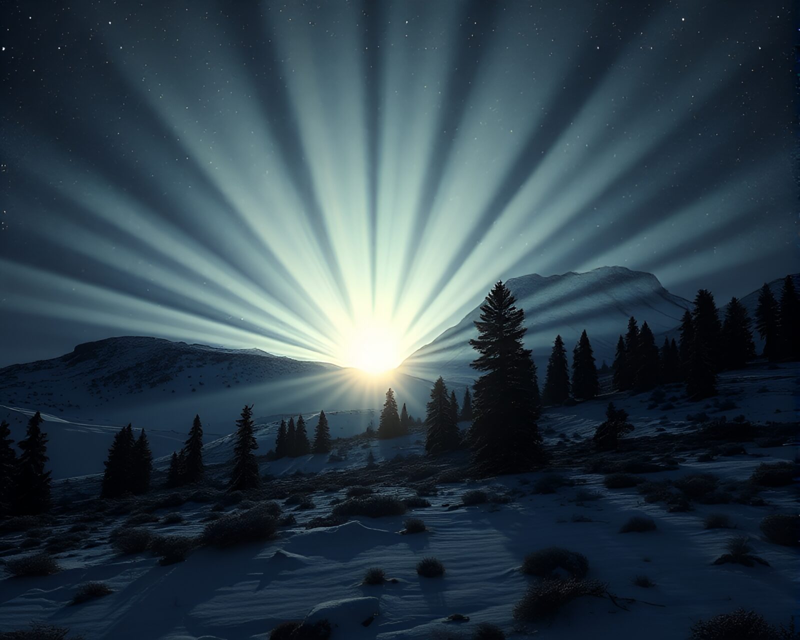 Majestic Northern tundra with ethereal god rays illuminating halftone grid