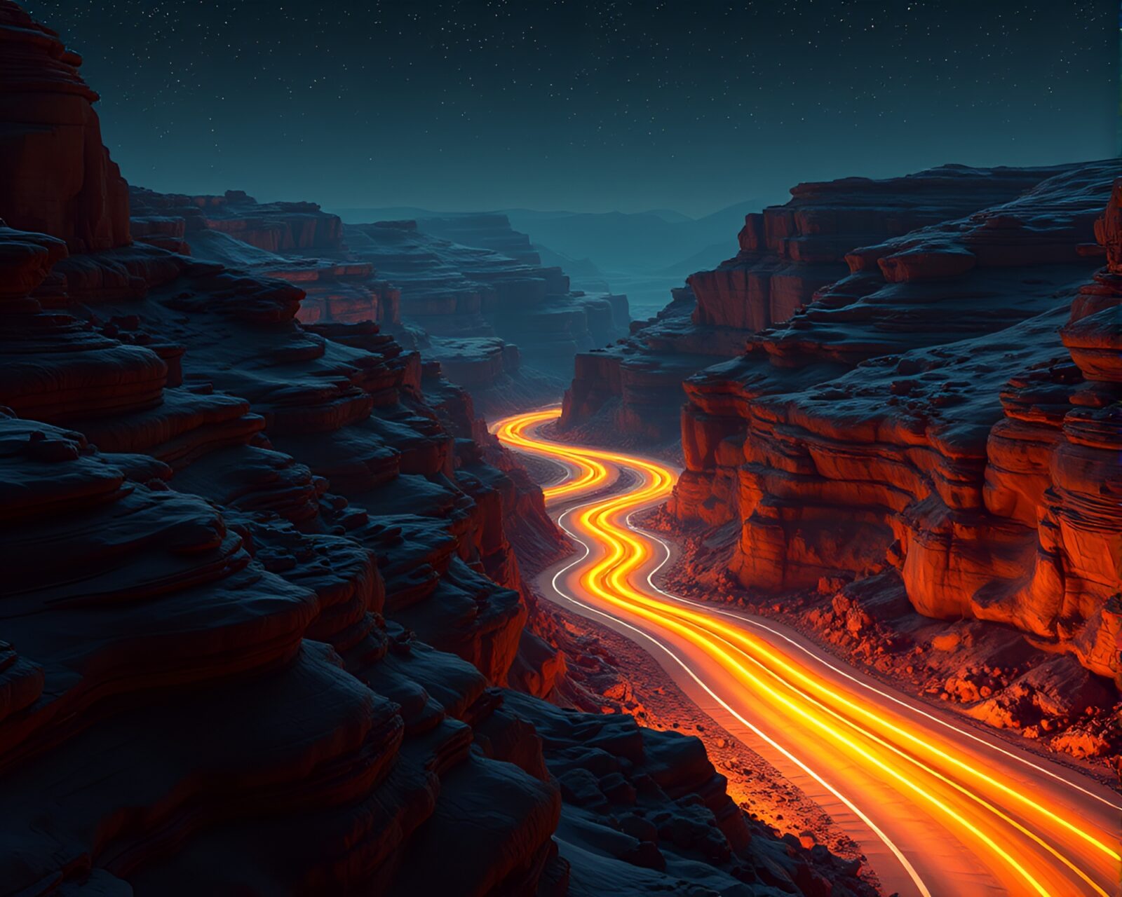 Glowing car light trails cutting through oil-rich canyon texture