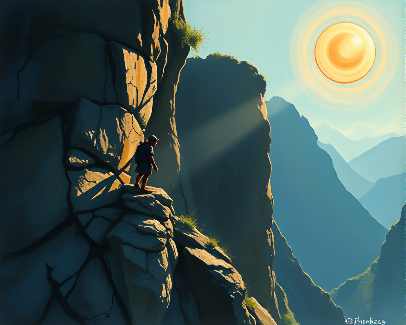 Ethereal gouache painting of goblin king overlooking sunlit cliffs