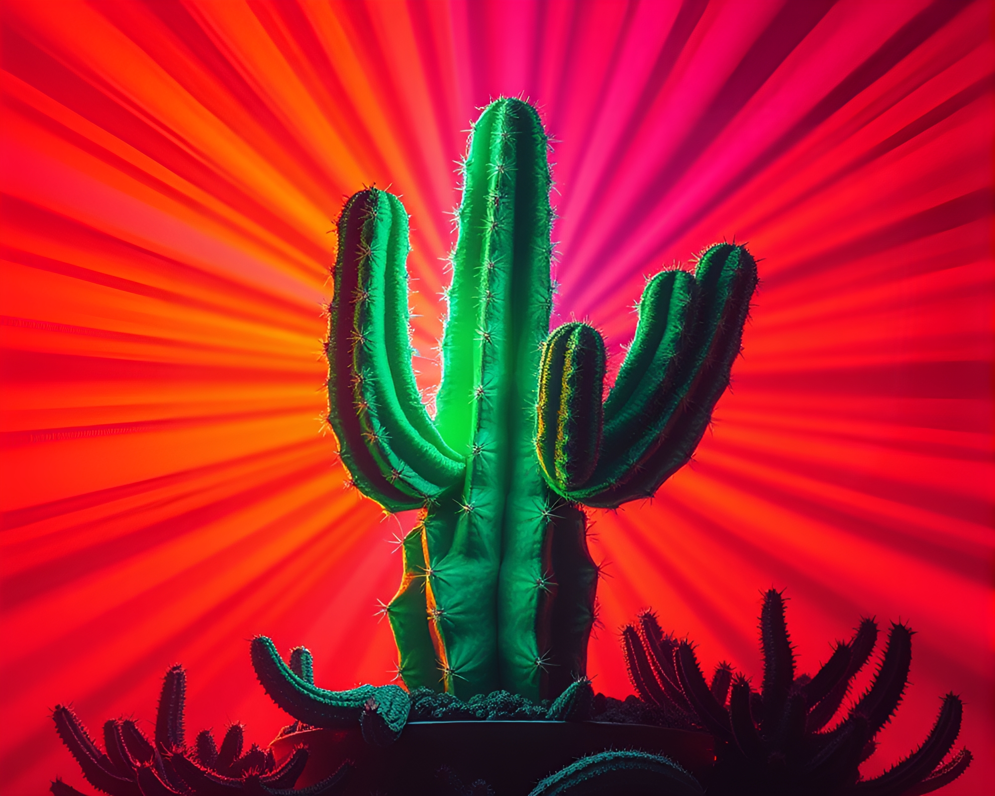 Surreal Neon Cactus Oasis with God Rays – free AI stock image