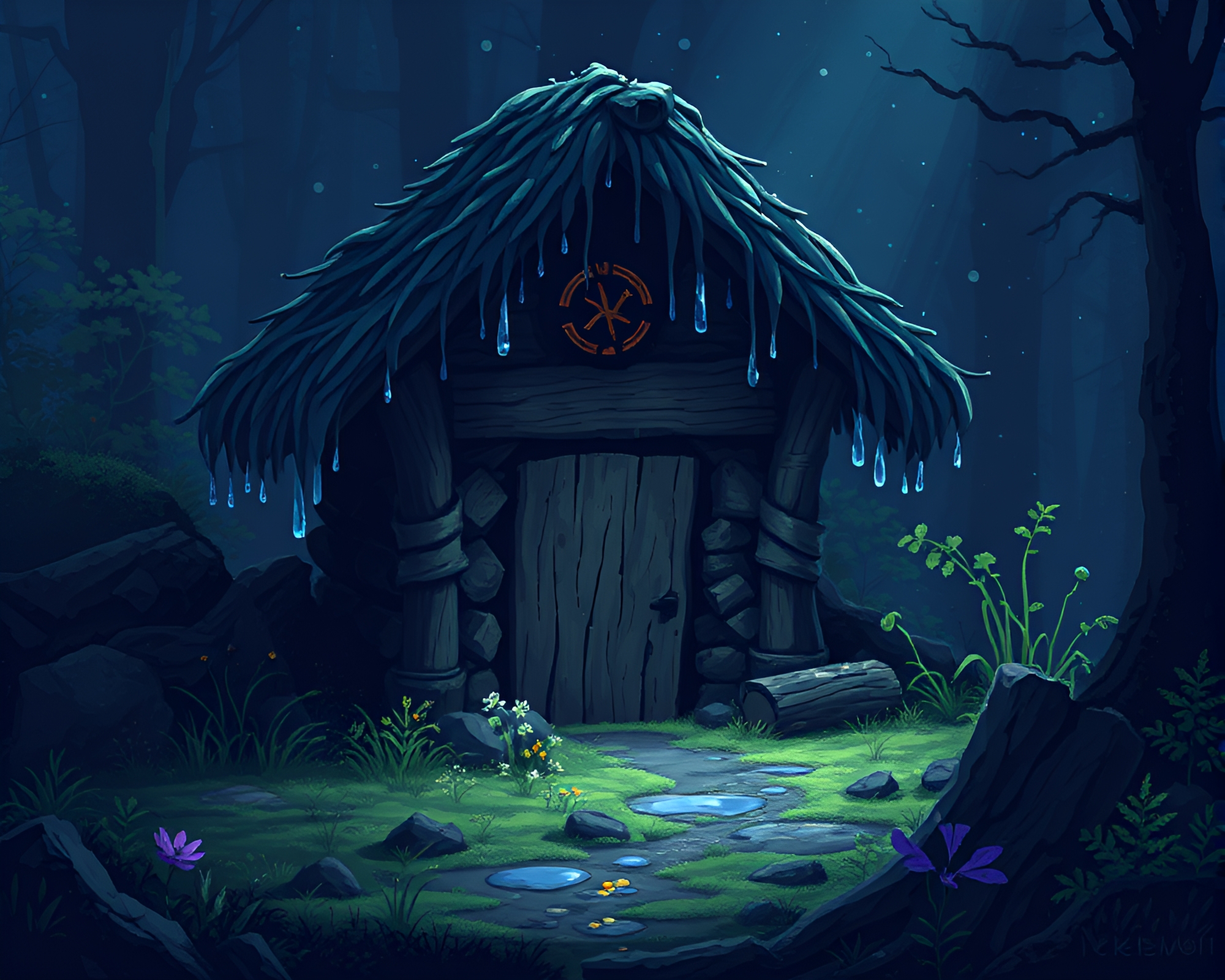 Dew Drop Mud Hut: Ultraviolet Pixel Art Fantasy – free AI stock image
