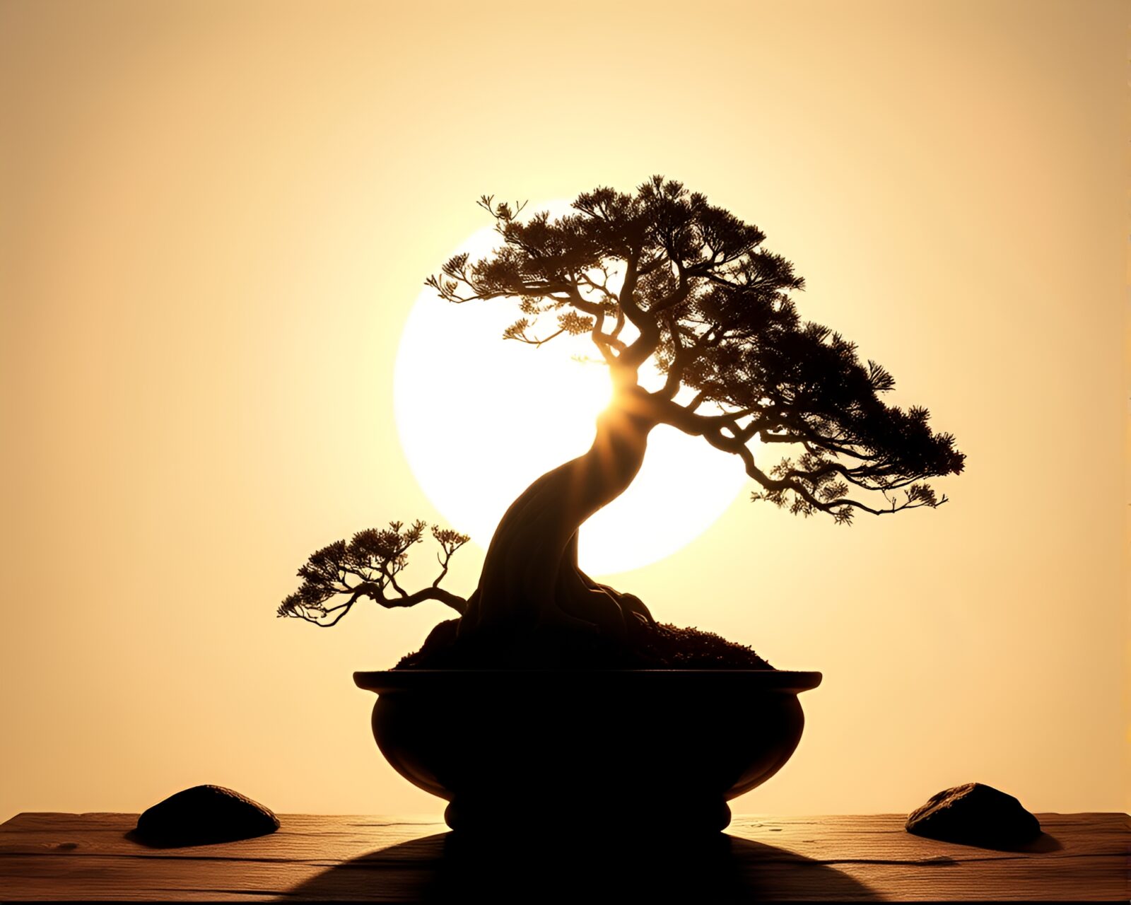 Landscape etching of bonsai tree illuminated by high-key sunset