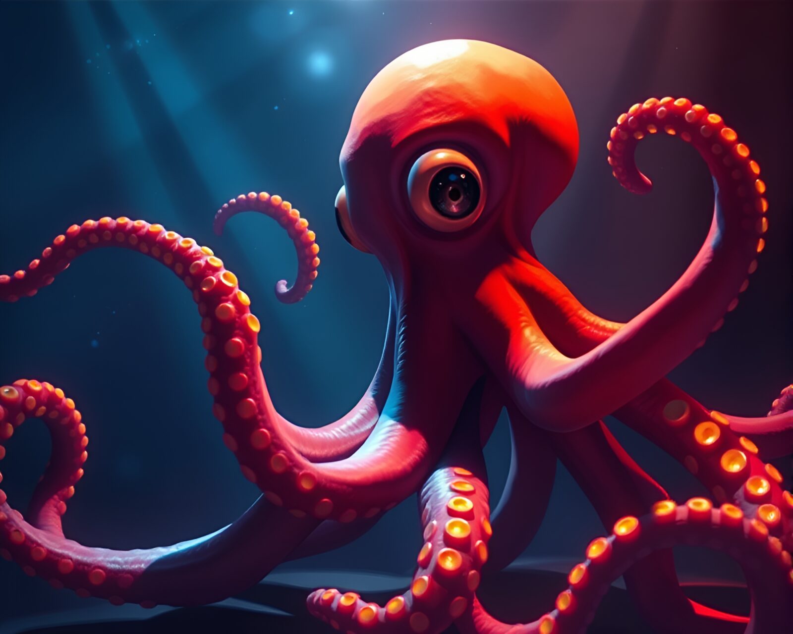 Digital painting of an octopus in a theatrical underwater scene