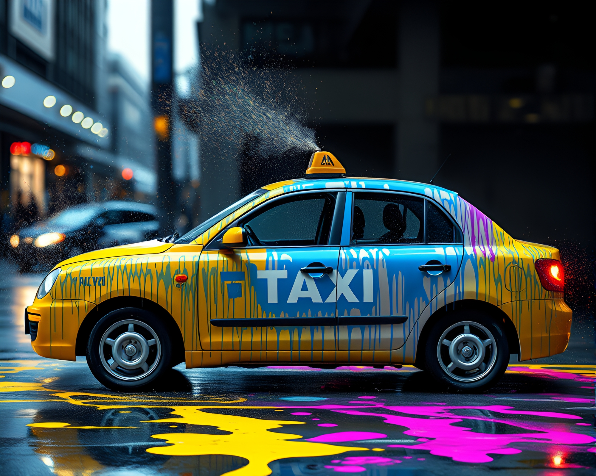 Urban Oasis: Hover Taxi in Vibrant Spray Paint Cityscape – free AI stock image