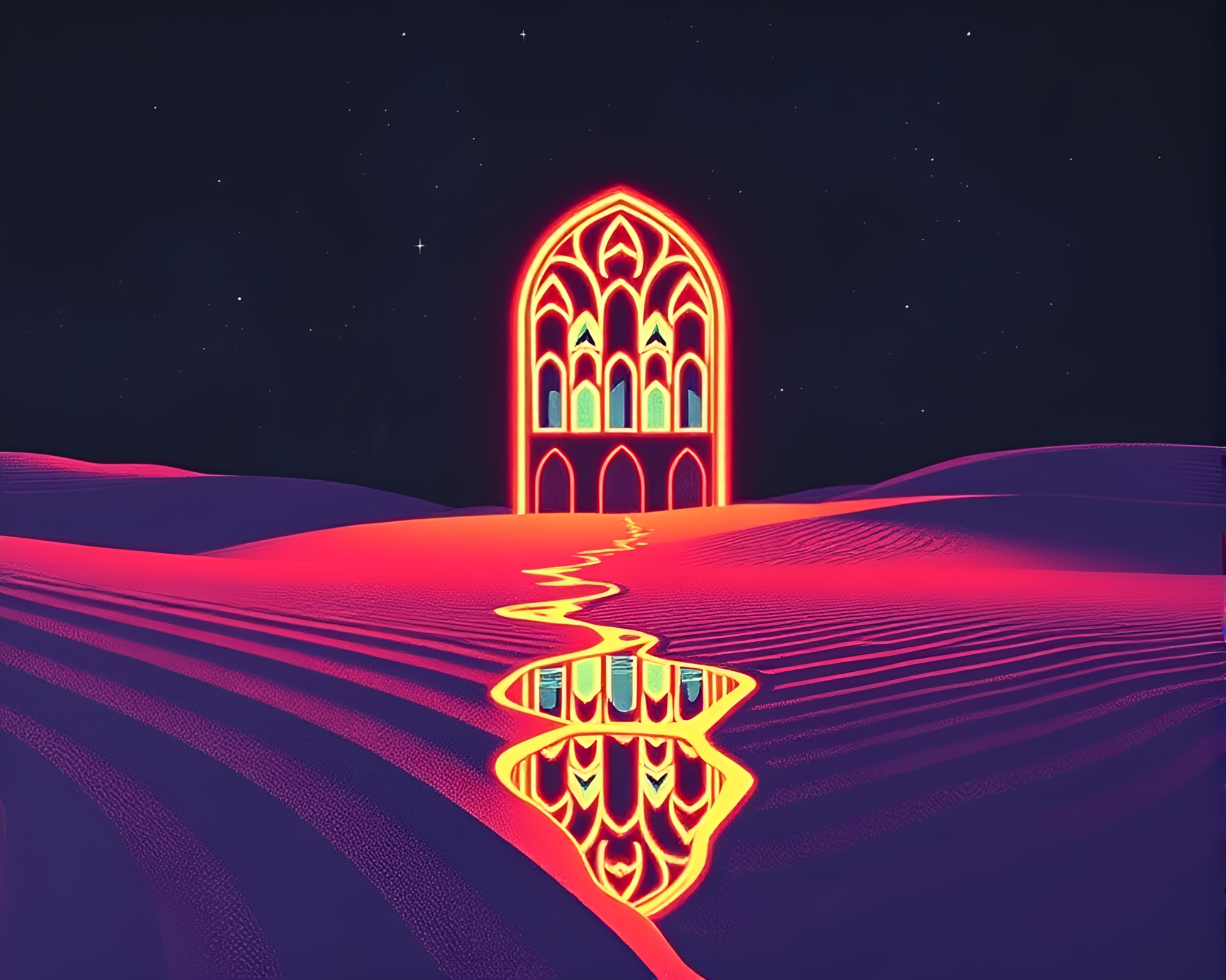 Neon-Lit Sand Dune Cathedral: Linocut Print Fantasy – free AI stock image