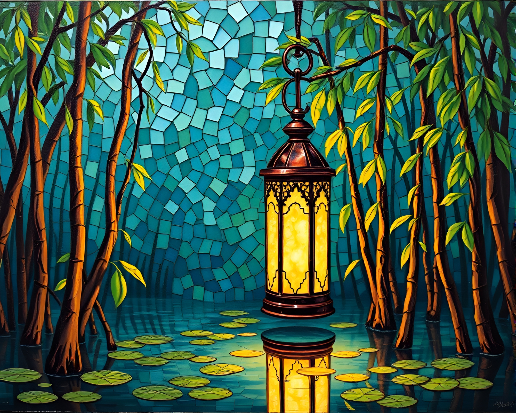 Mangrove Glow: Geometric Fresco Lanterns – free AI stock image