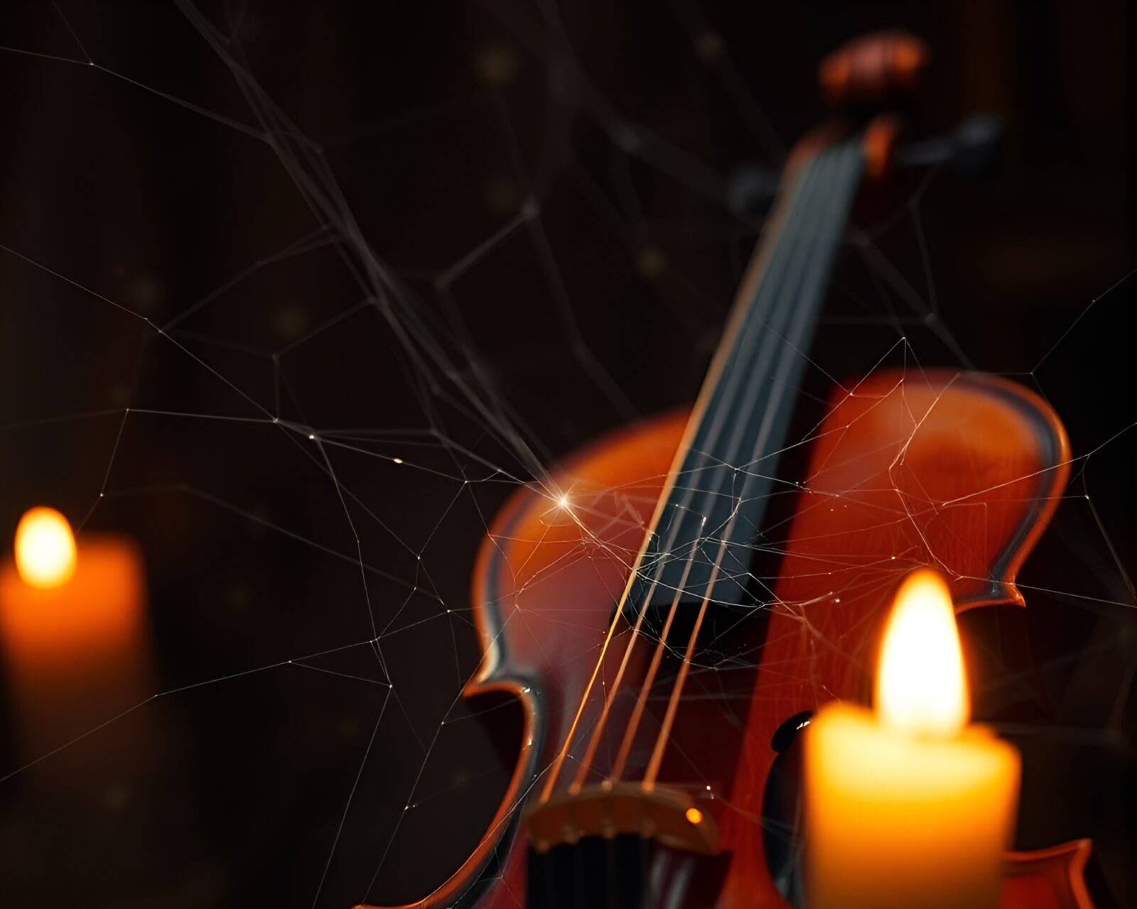 Intricate cobweb strands wrapped around a violin in candlelight.