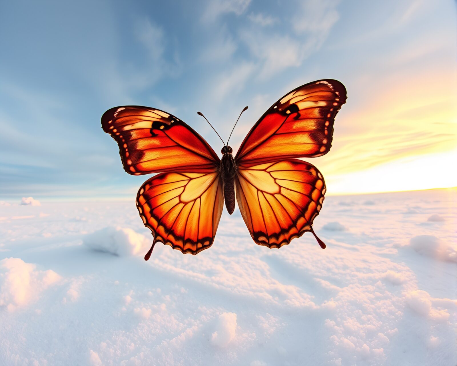 A mesmerizing silk butterfly in a fisheye lens effect with golden hour lighting during an antarctic whiteout