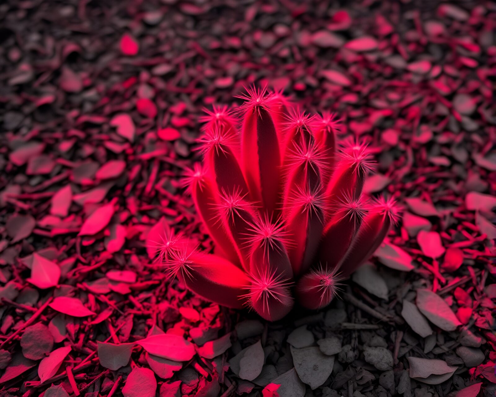 Glowing red cactus surrounded by red-toned fallen leaves