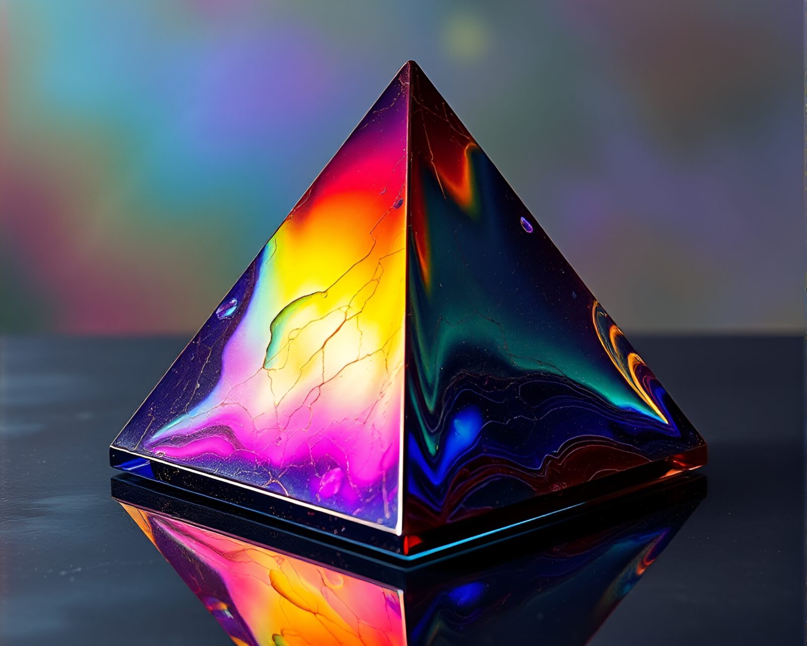 Surreal impasto glass pyramid in iridescent rainbow glow