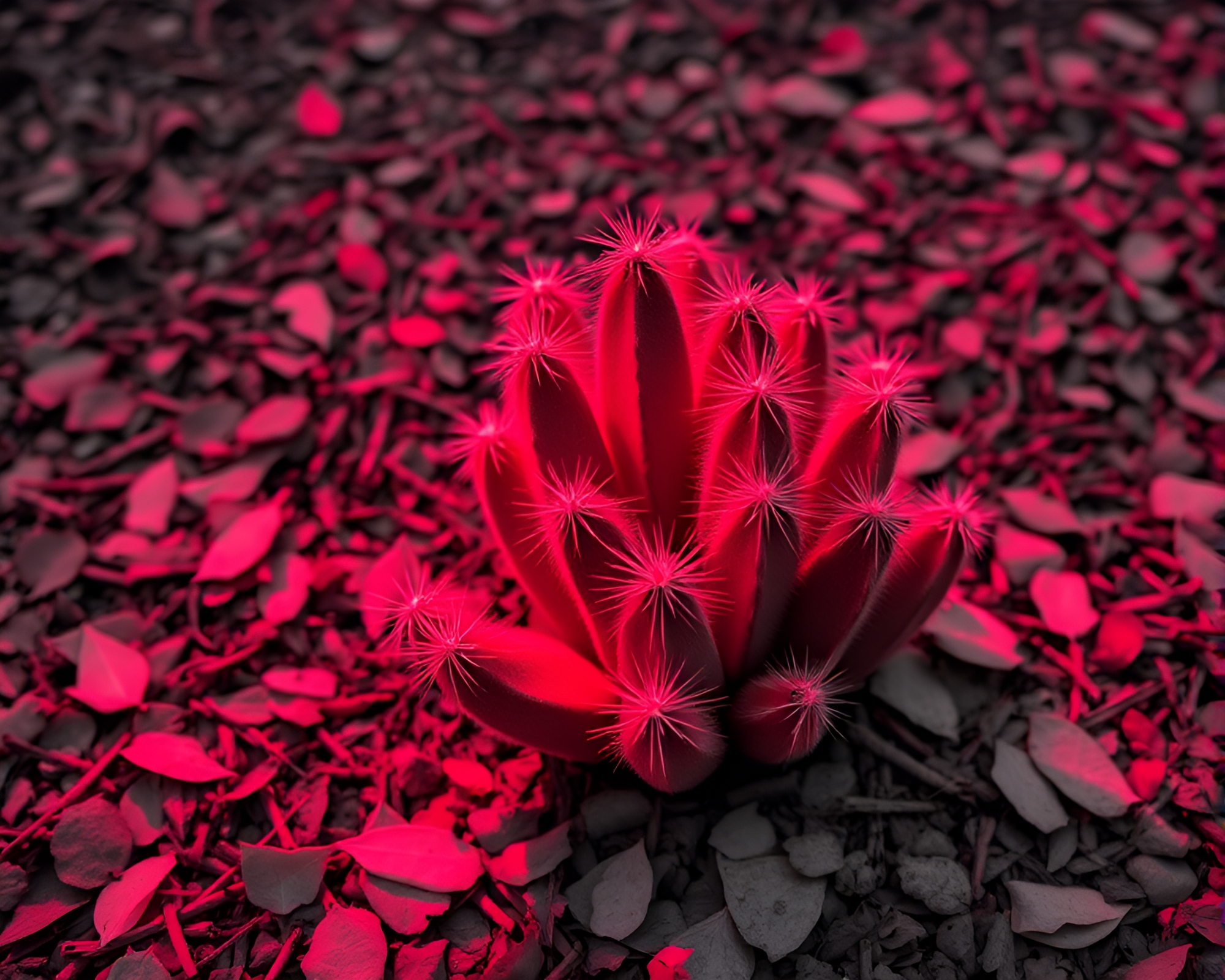 Vibrant Neon Cactus among Monochrome Leaf Litter – free AI stock image
