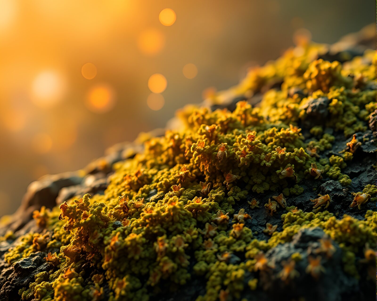 Luminous nanobots among lichen in ethereal nebula light