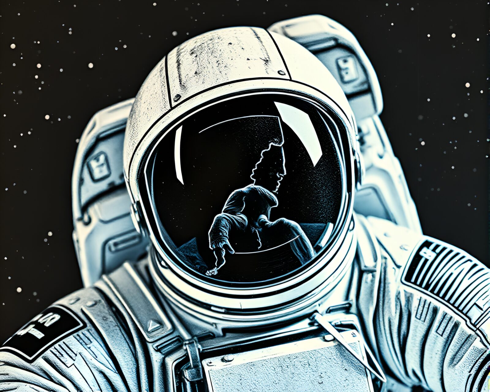 Abstract photocollage of an astronaut with engraved details