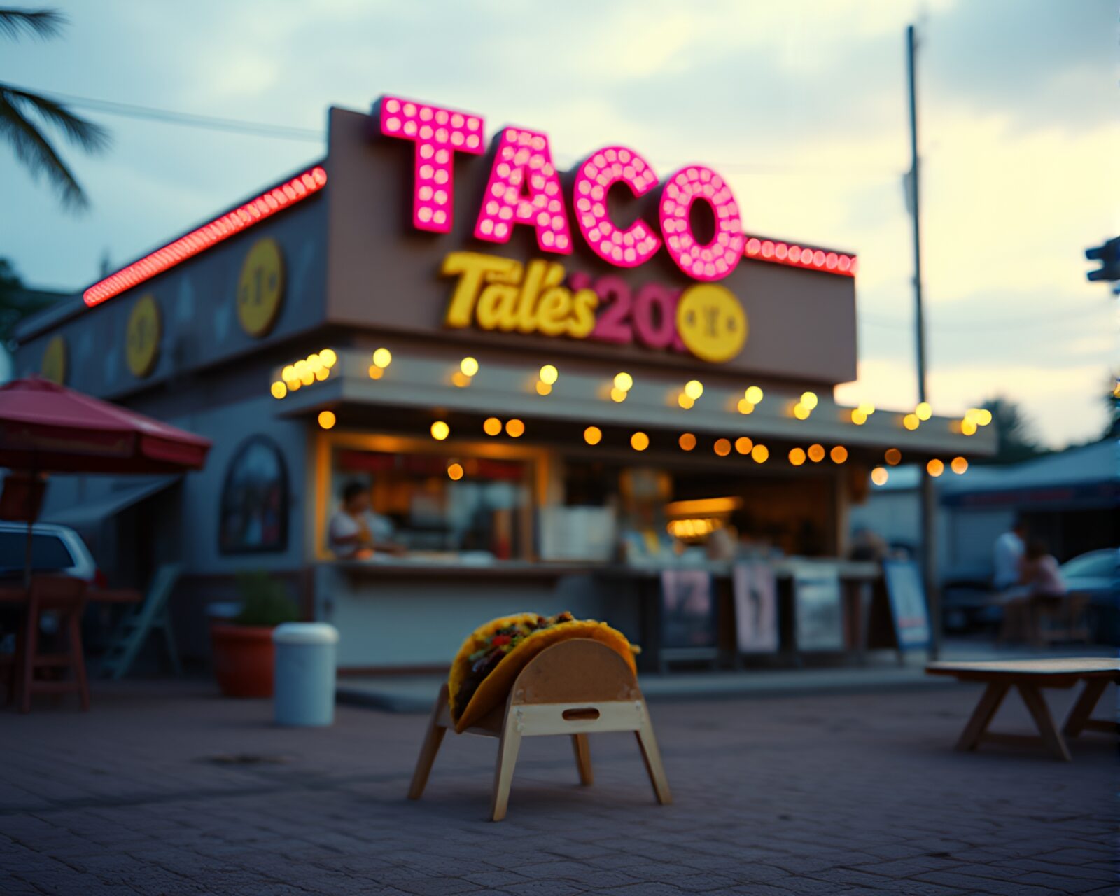 Eerie matte painting of taco stand with VHS distortion