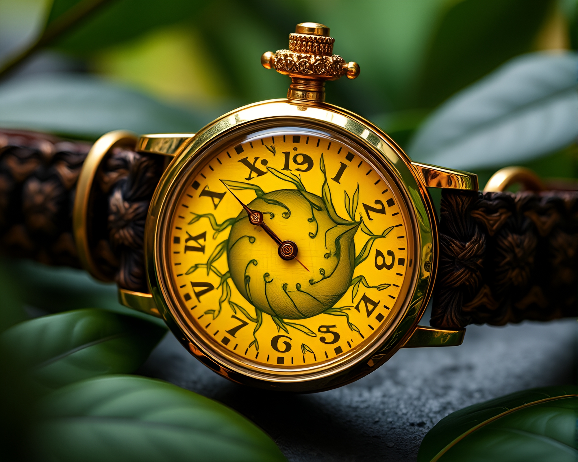Golden Spiral Pocket Watch in Jungle Canopy Shade – free AI stock image