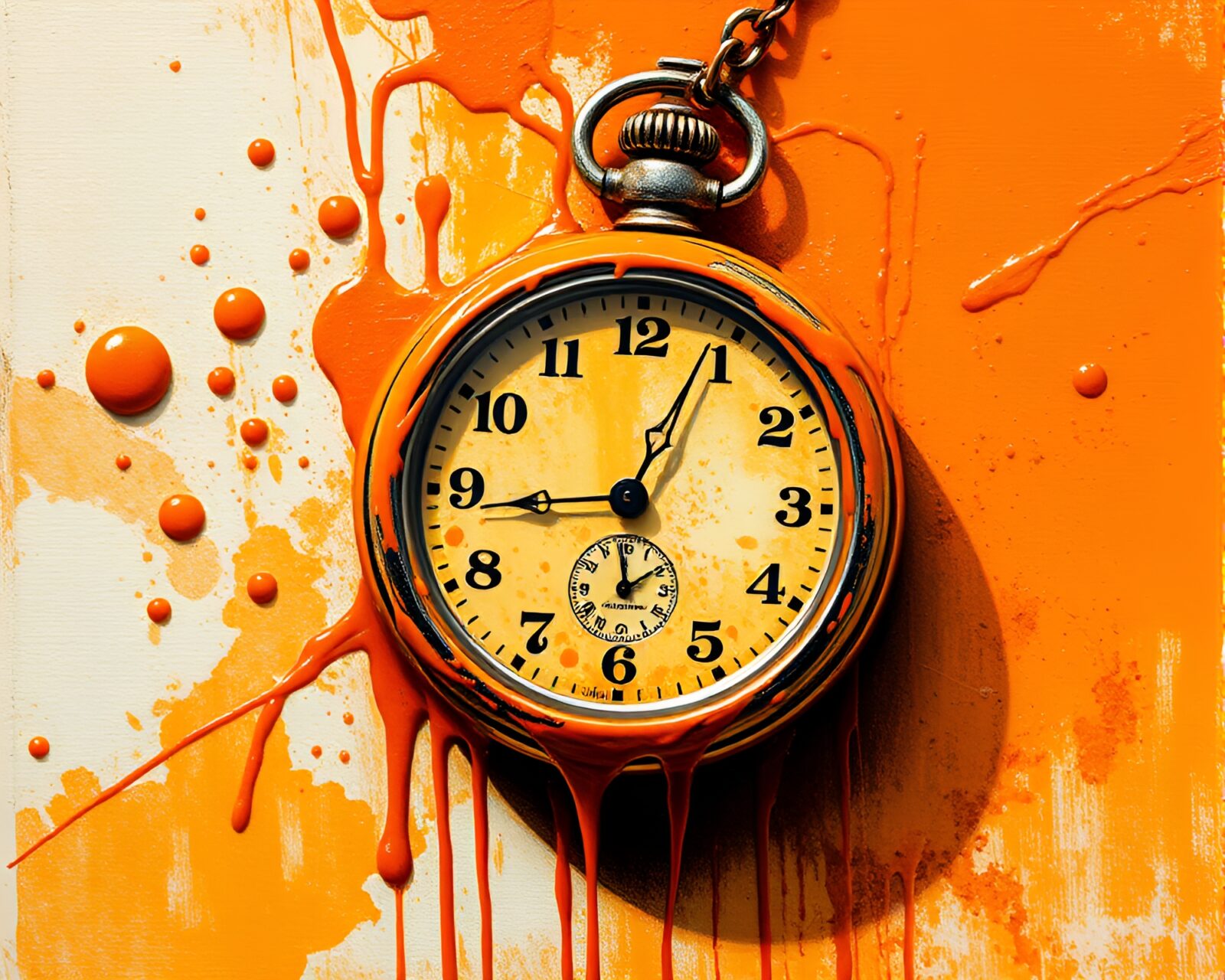 Abstract depiction of a pocket watch surrounded by swirling spray paint