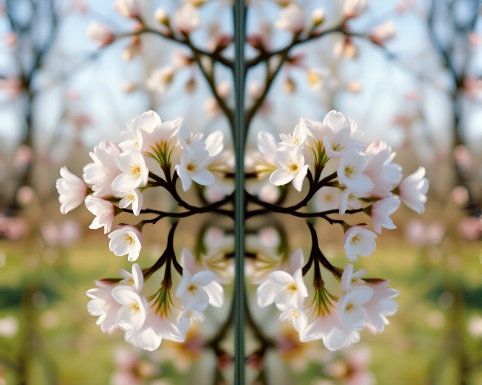 Grainy film style image of mirrored spring blossom in soft focus