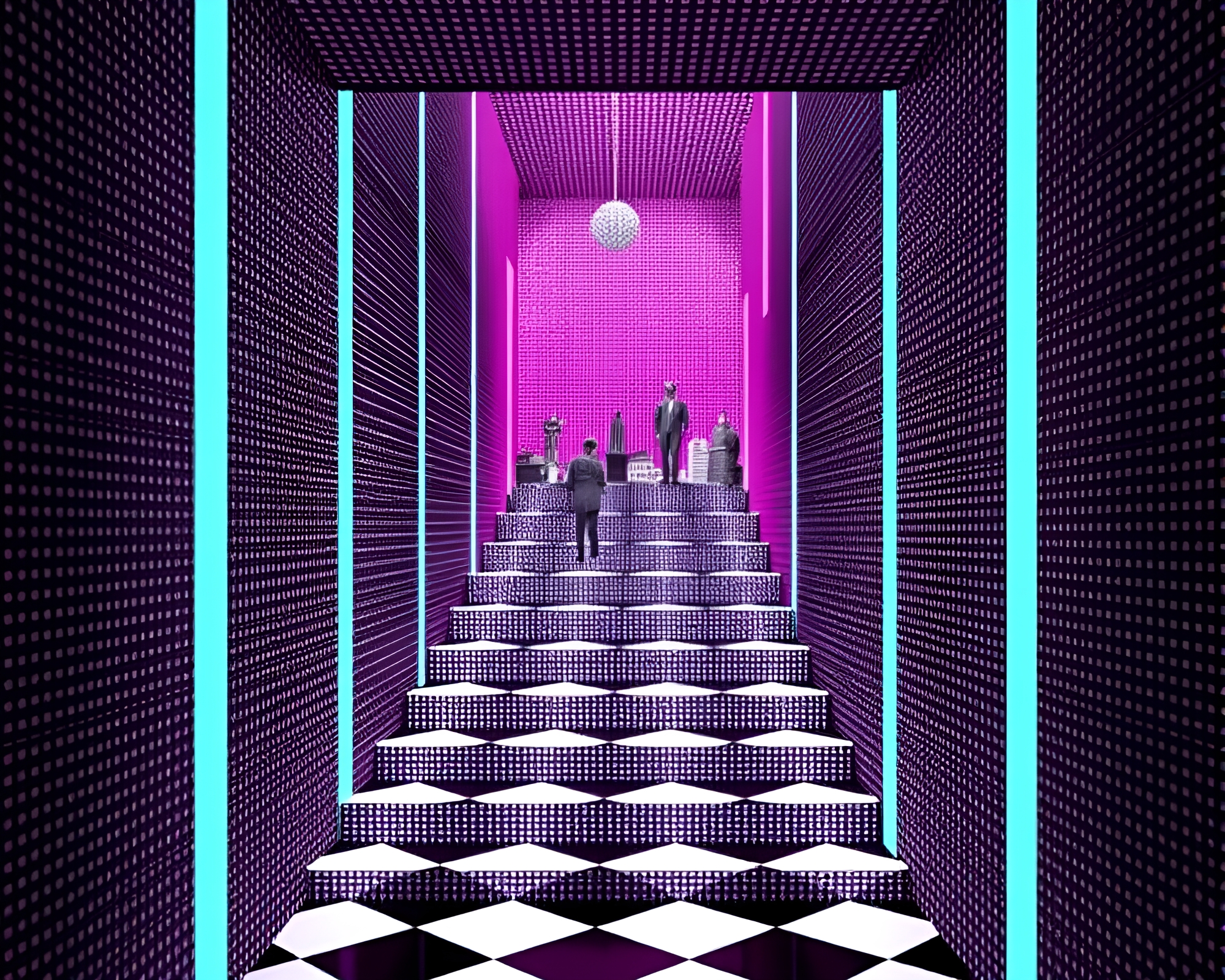 Halftone Escher Staircase with LED Light Art – free AI stock image