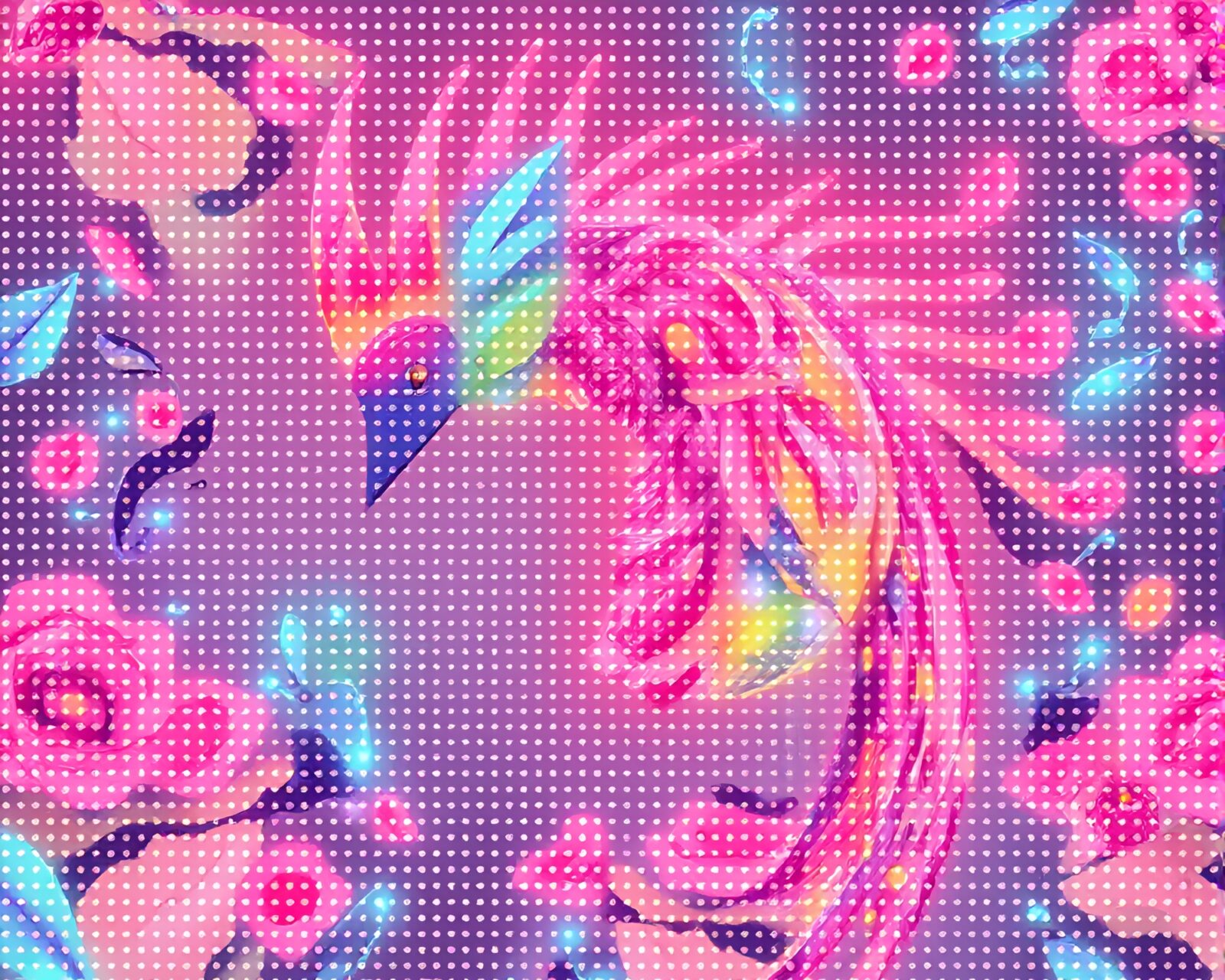 Soft pastel LED grid with botanical chimera illustration.