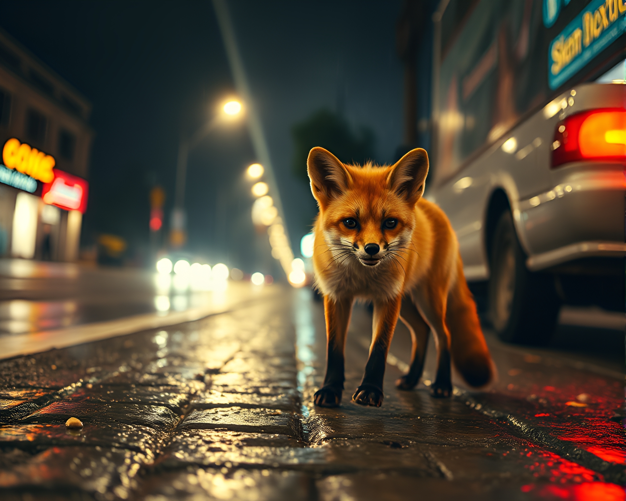 Sepia Fennec Fox on Wet Pavement – free AI stock image