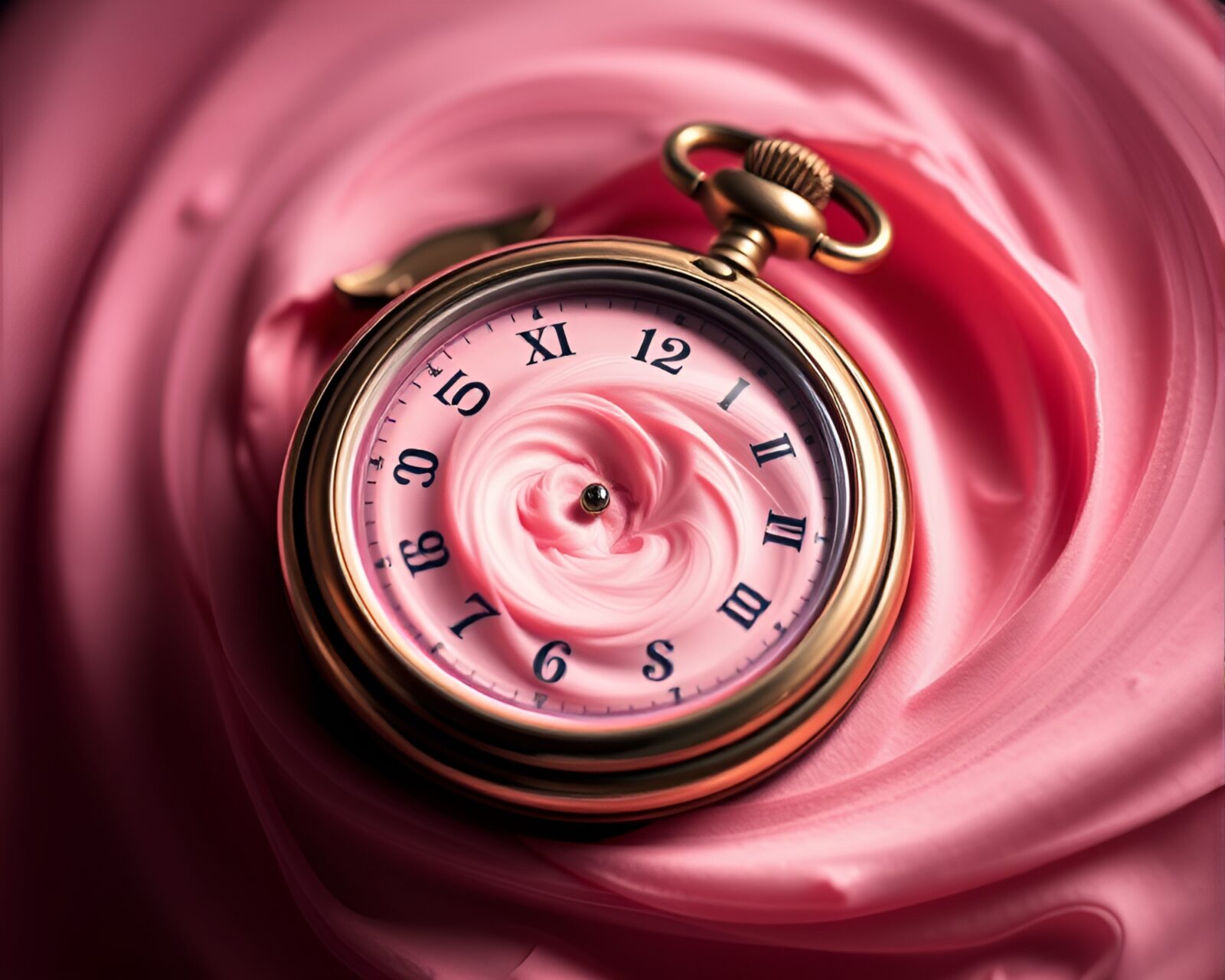Ethereal vortex with a pocket watch in soft pink lighting