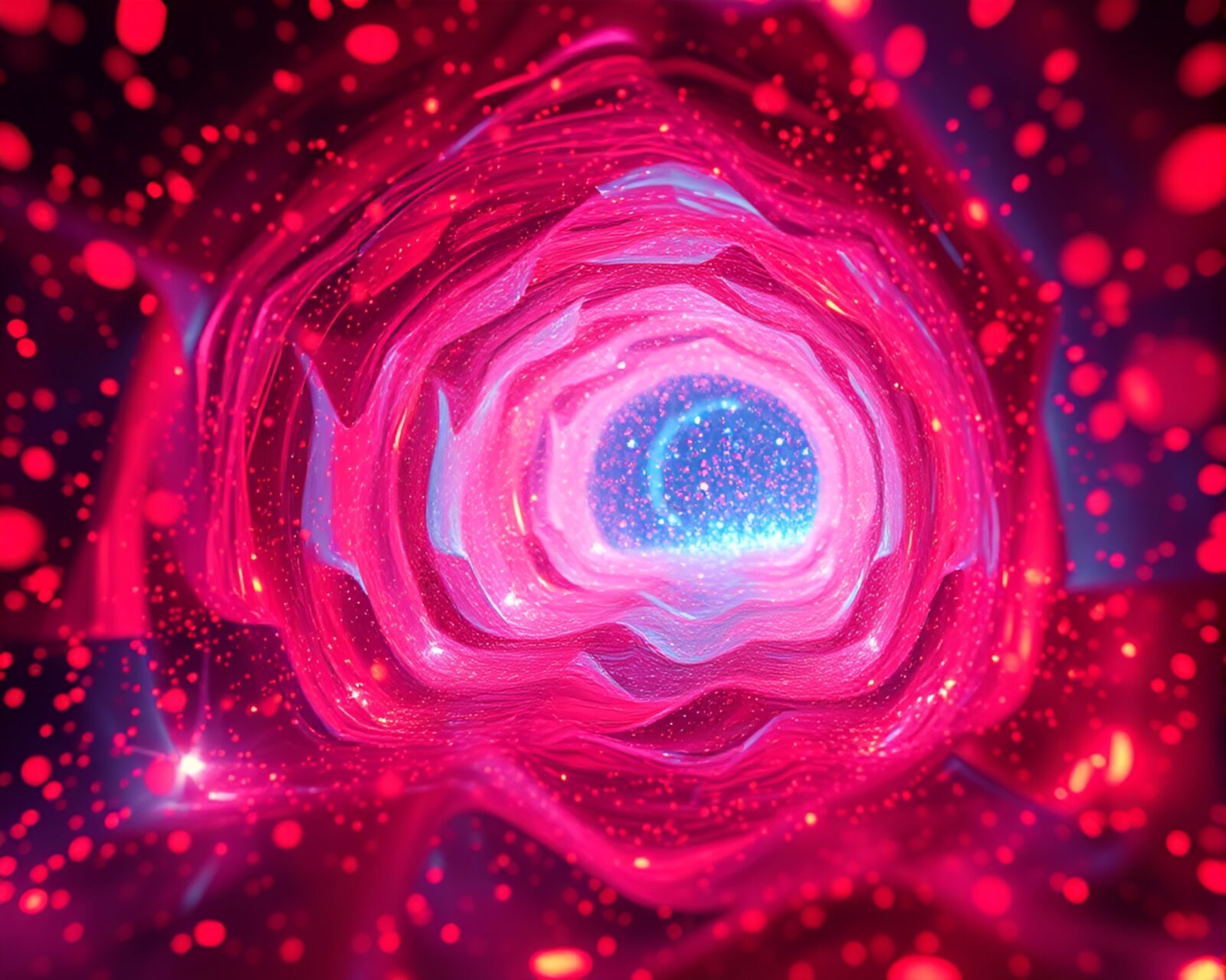 Duotone red-blue floating embers illuminate glass tunnel path