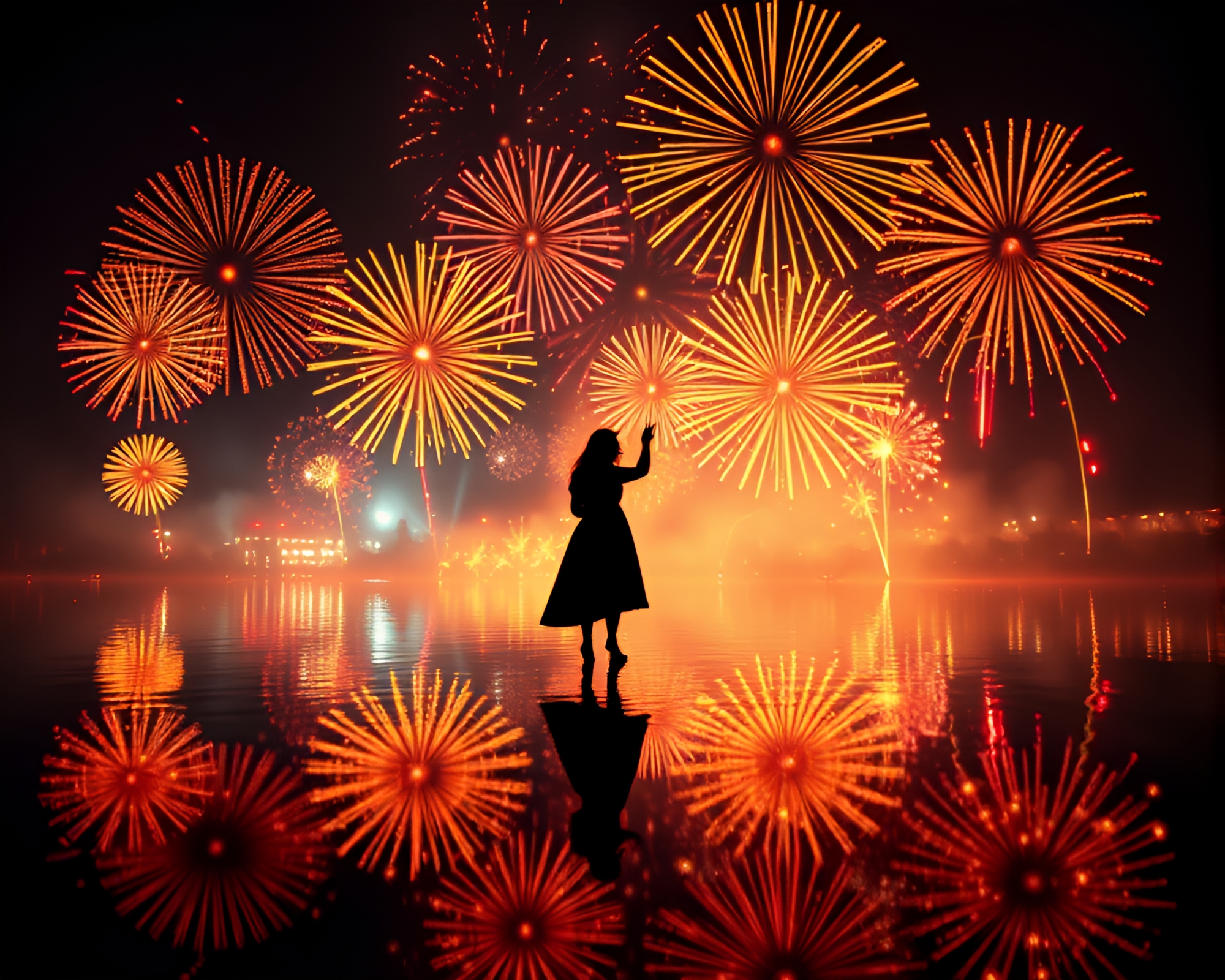 Fractal Fireworks Reflection Silhouette in Graphic Novel Style – free AI stock image