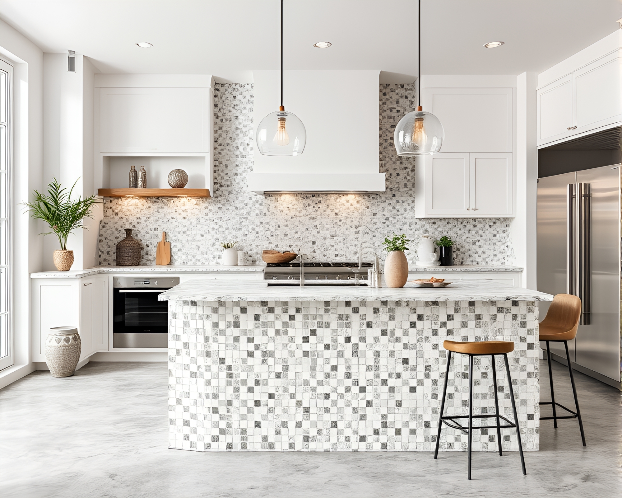Grisaille Island Mosaic: Off-White Oasis – free AI stock image