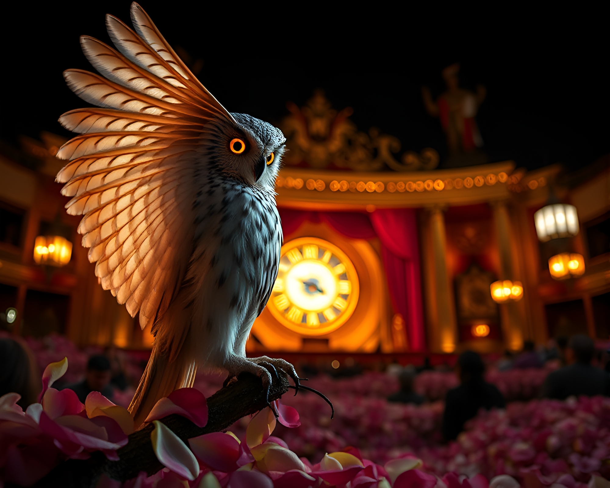 Clockwork Owl with Flower Petals in Opera House Glow – free AI stock image