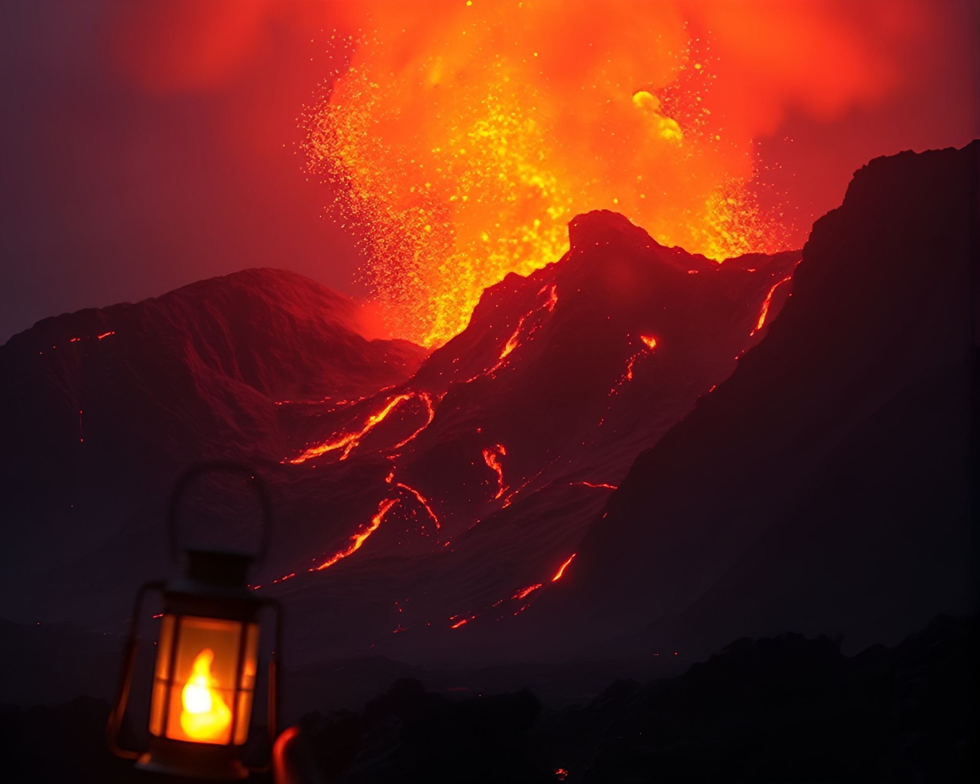Fiery Volcanic Eruption in Lantern Light – free AI stock image