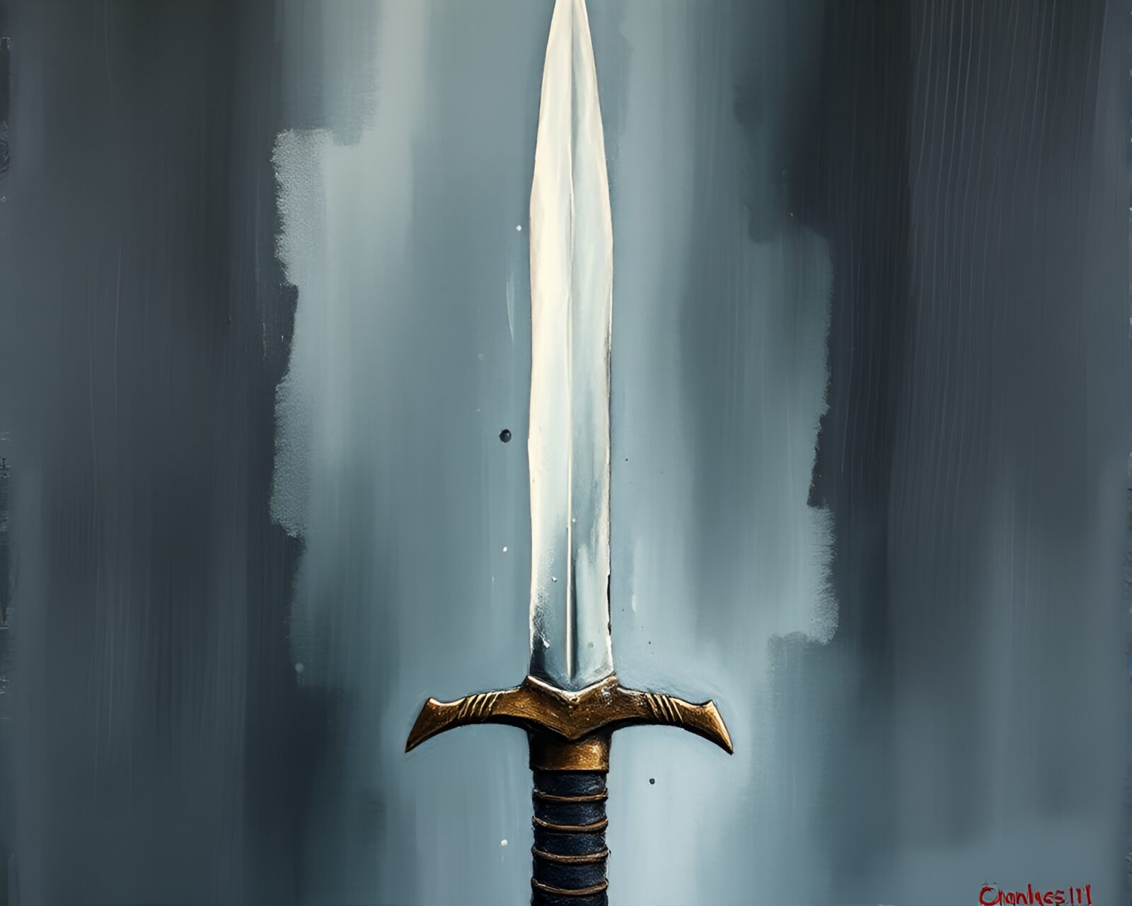 Dynamic painting of warrior with sword in layered impasto