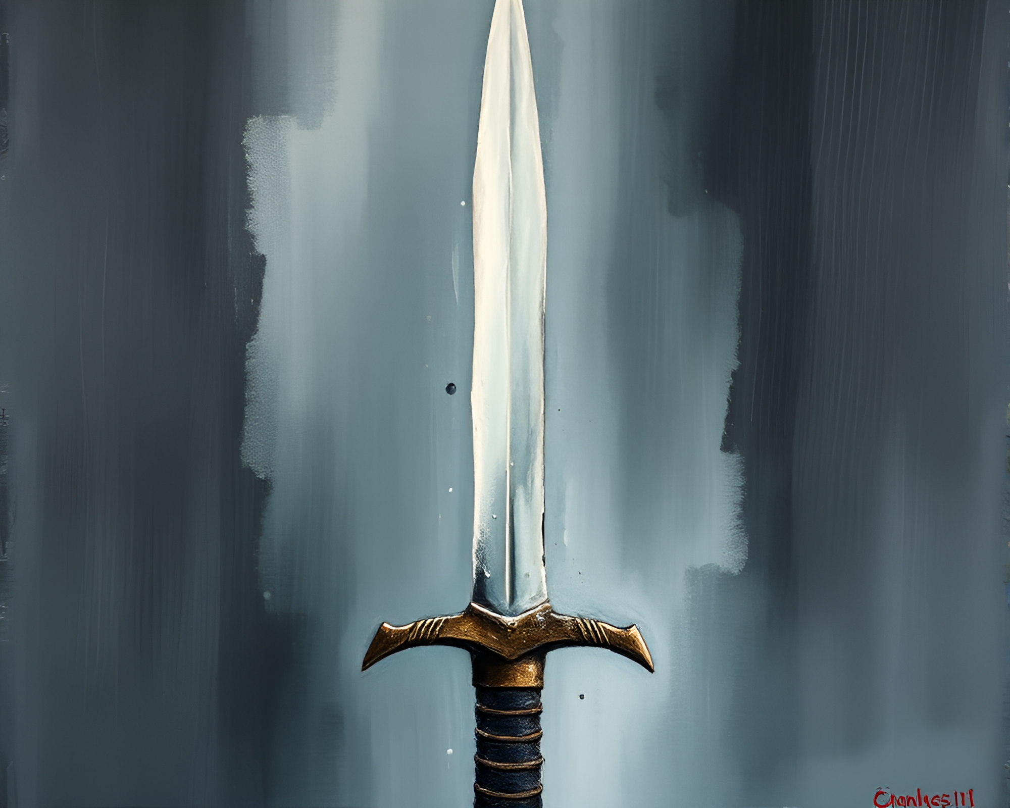 Sword-wielding warrior in textured oil impasto landscape – free AI stock image